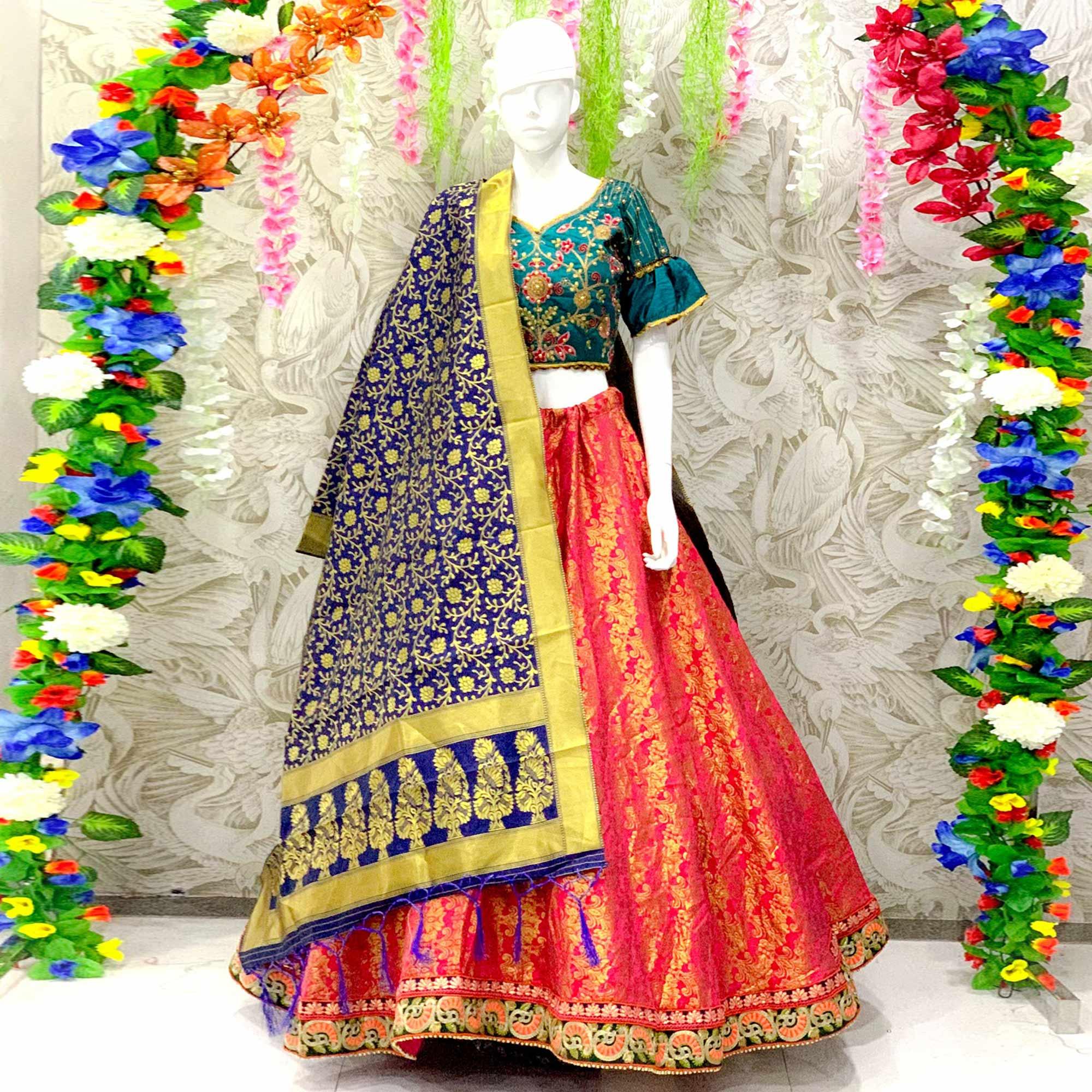 Glowing Dark Pink Colored Designer Wedding Wear Woven Banarasi Silk Lehenga Choli - Peachmode