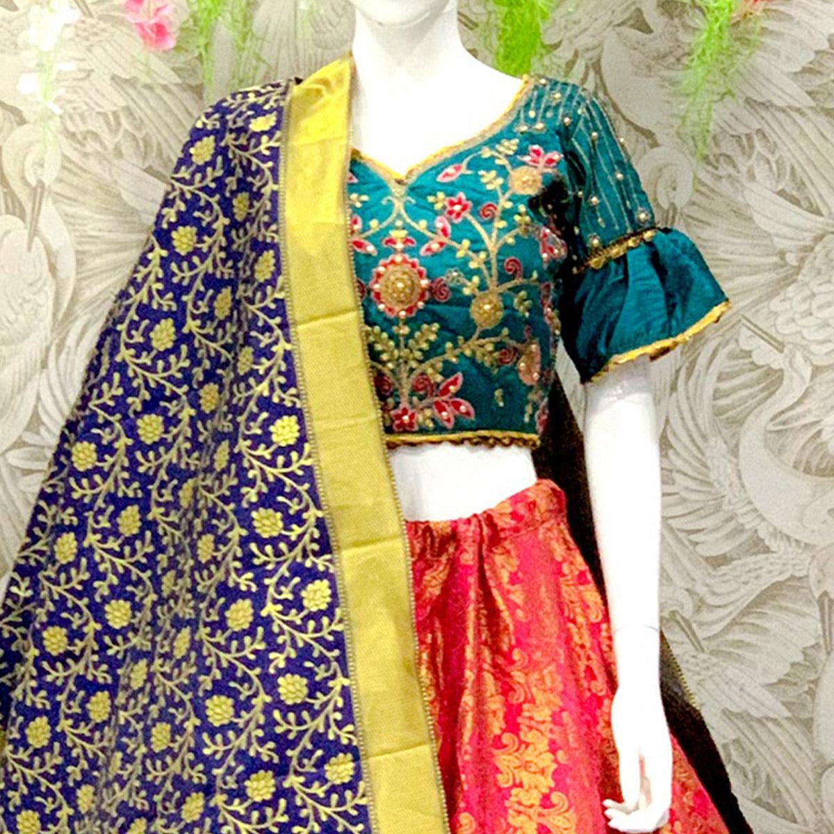 Glowing Dark Pink Colored Designer Wedding Wear Woven Banarasi Silk Lehenga Choli - Peachmode