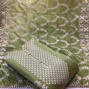 Glowing Green Colored Casual Wear Embroidered Chanderi Dress Material - Peachmode