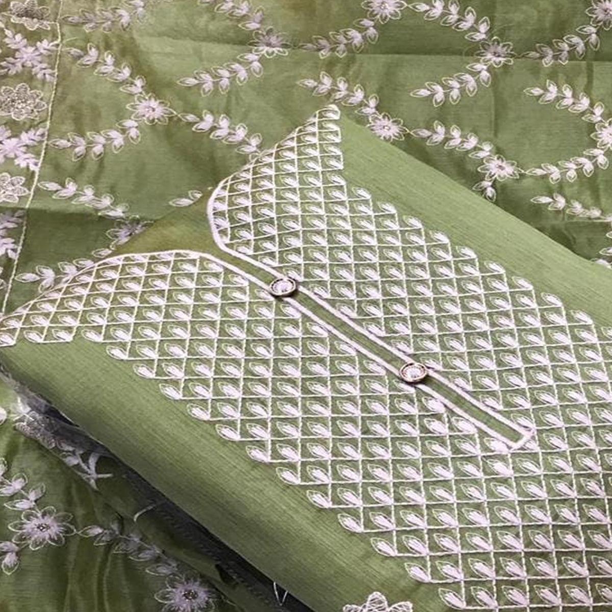 Glowing Green Colored Casual Wear Embroidered Chanderi Dress Material - Peachmode