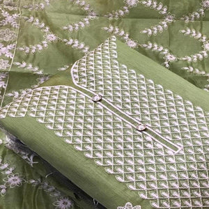 Glowing Green Colored Casual Wear Embroidered Chanderi Dress Material - Peachmode