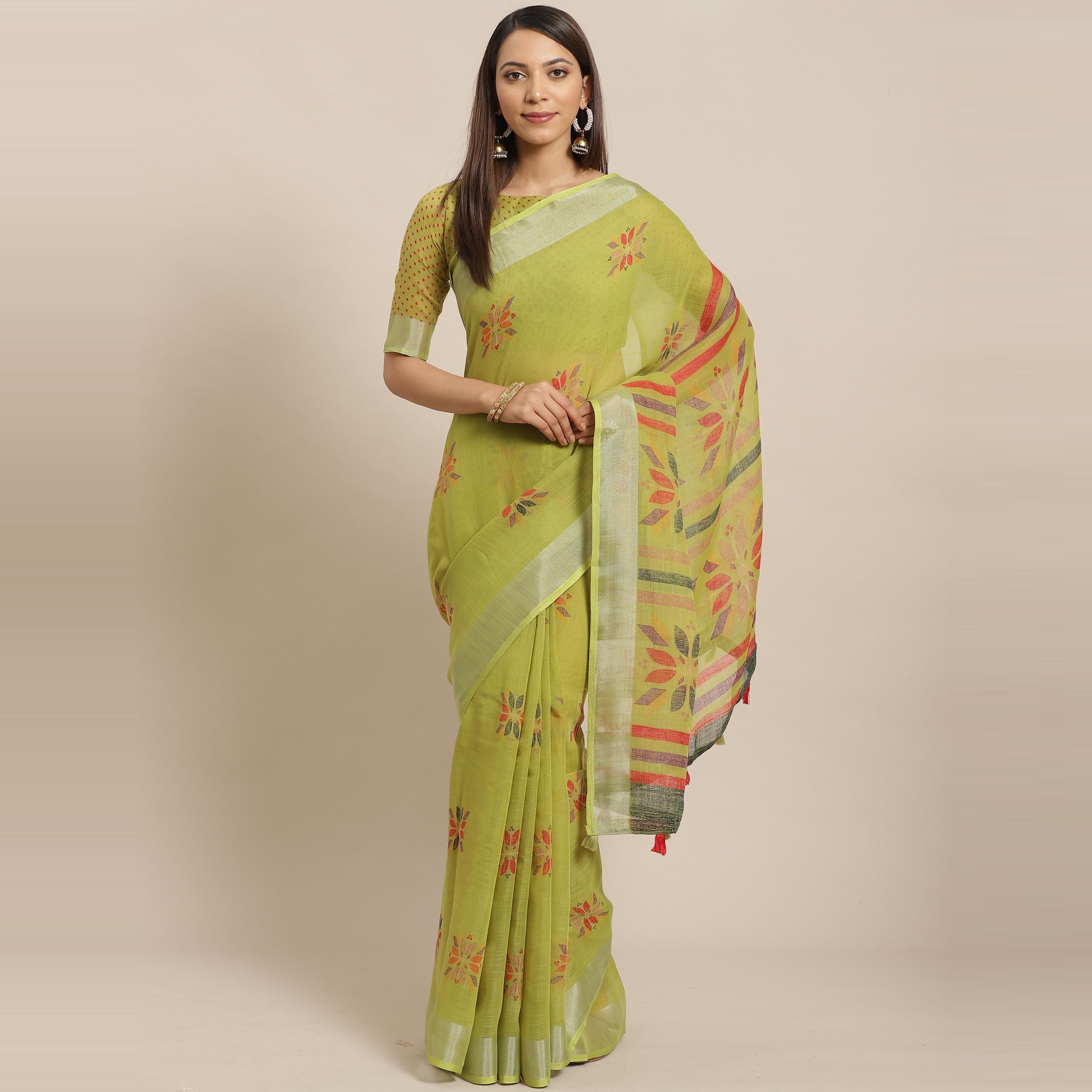 Glowing Green Colored Casual Wear Printed Linen Saree - Peachmode