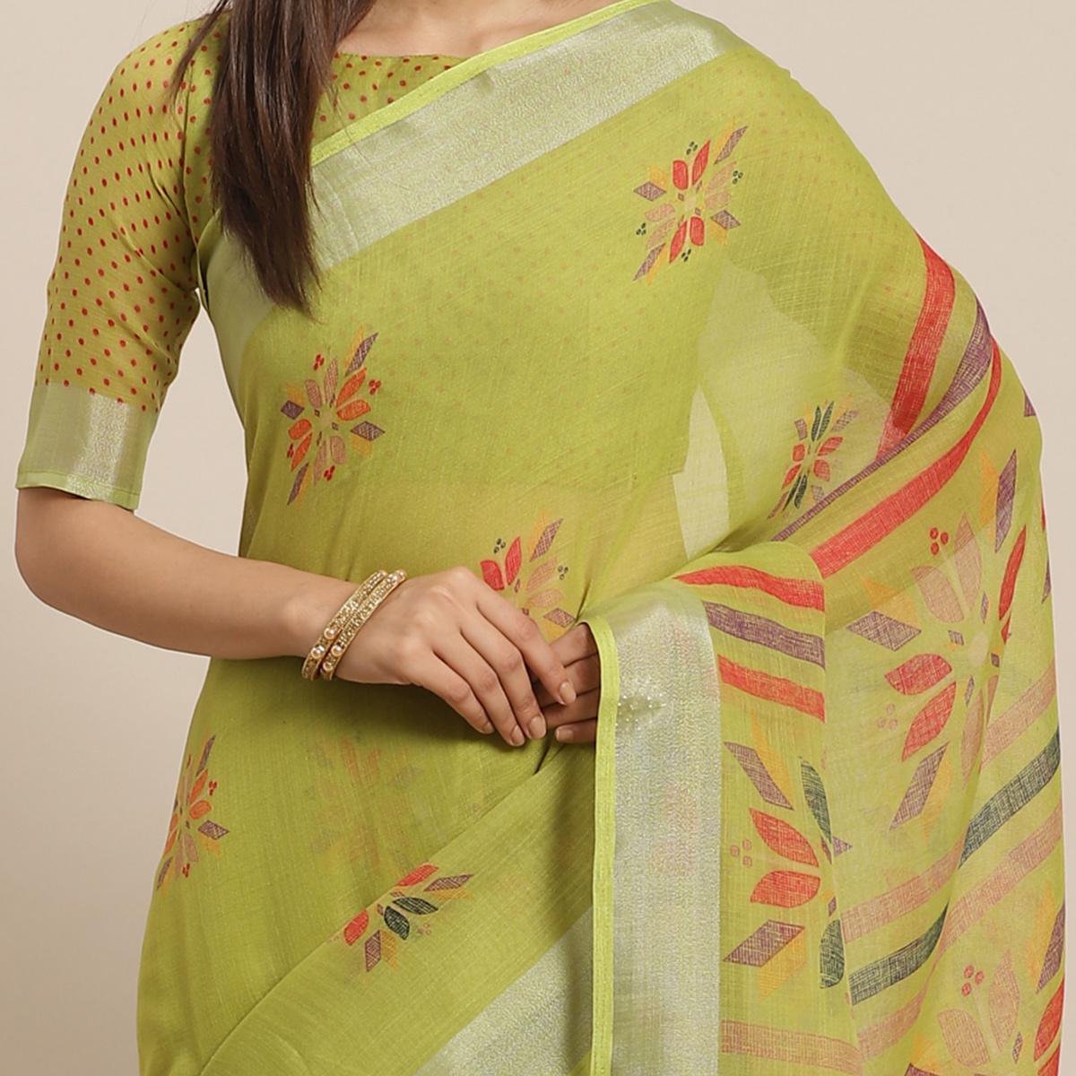 Glowing Green Colored Casual Wear Printed Linen Saree - Peachmode