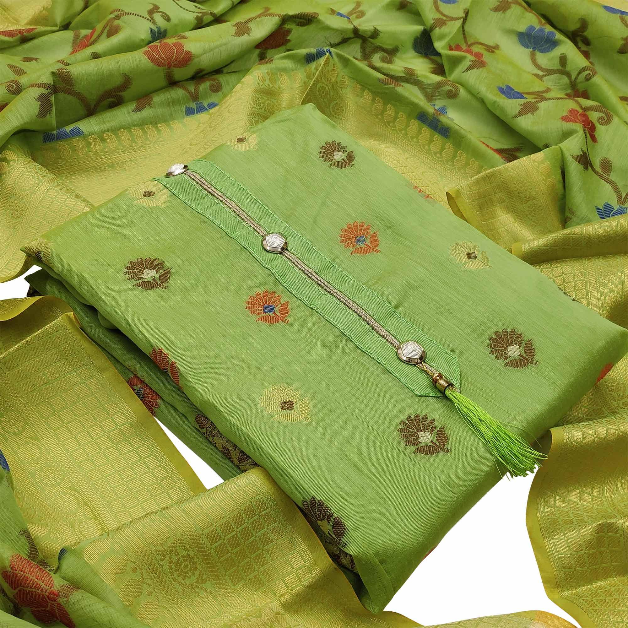 Glowing Green Colored Festive Wear Woven Heavy Banarasi Silk Dress Material - Peachmode