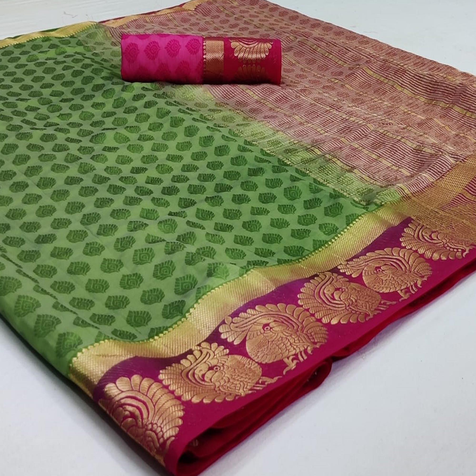Glowing Green Coloured Festive Wear Woven Art Silk Saree - Peachmode