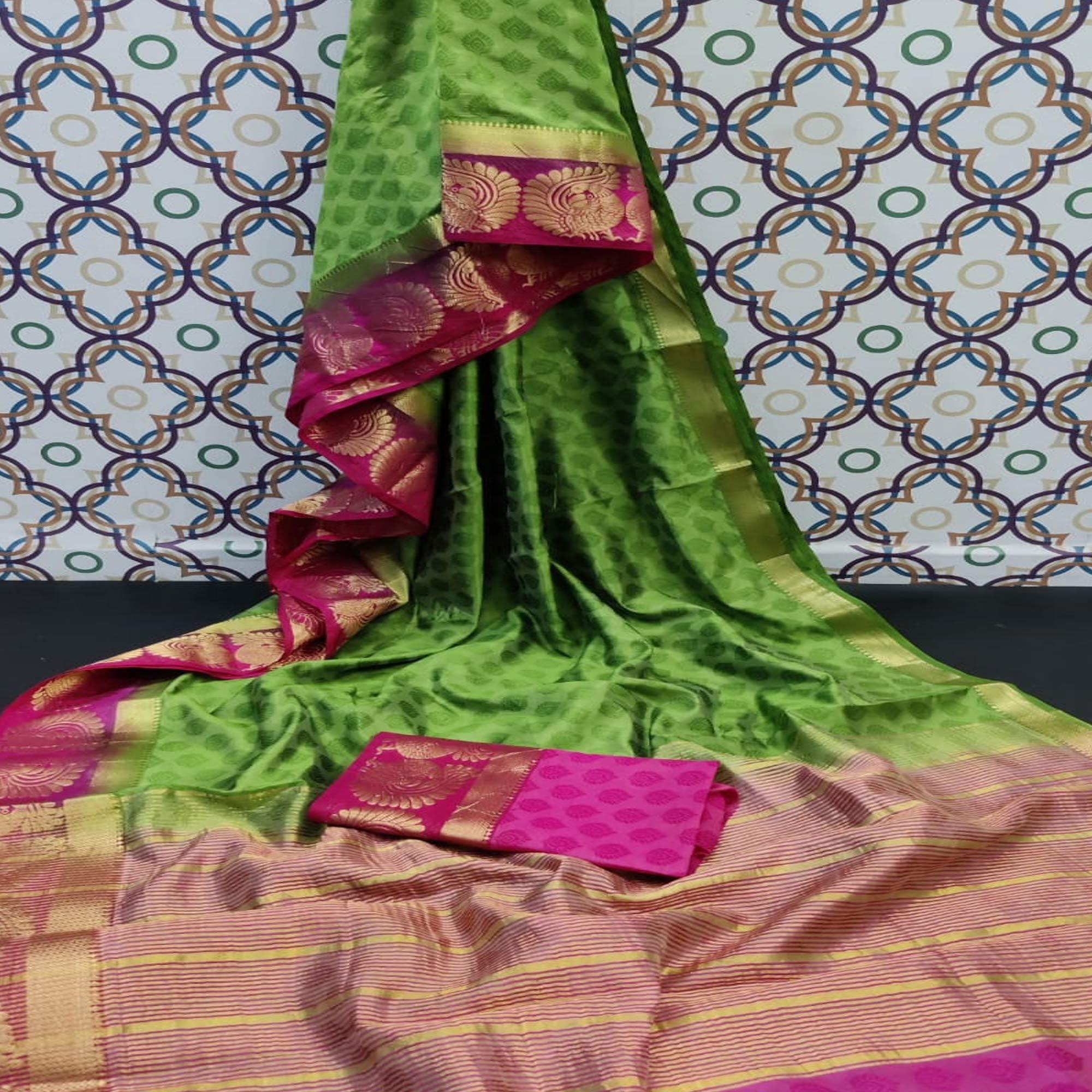 Glowing Green Coloured Festive Wear Woven Art Silk Saree - Peachmode