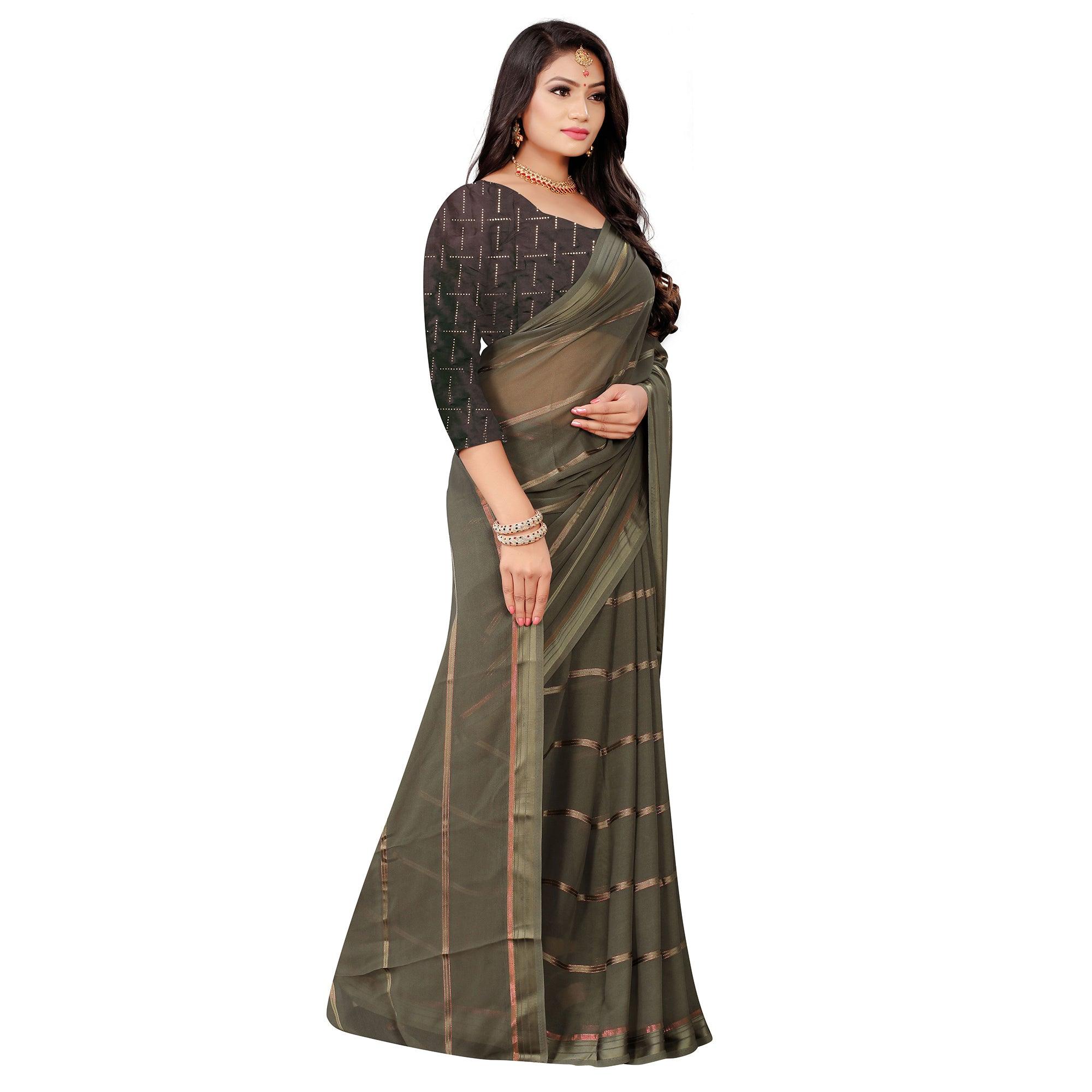 Glowing Grey Colored Casual Wear Georgette Saree - Peachmode