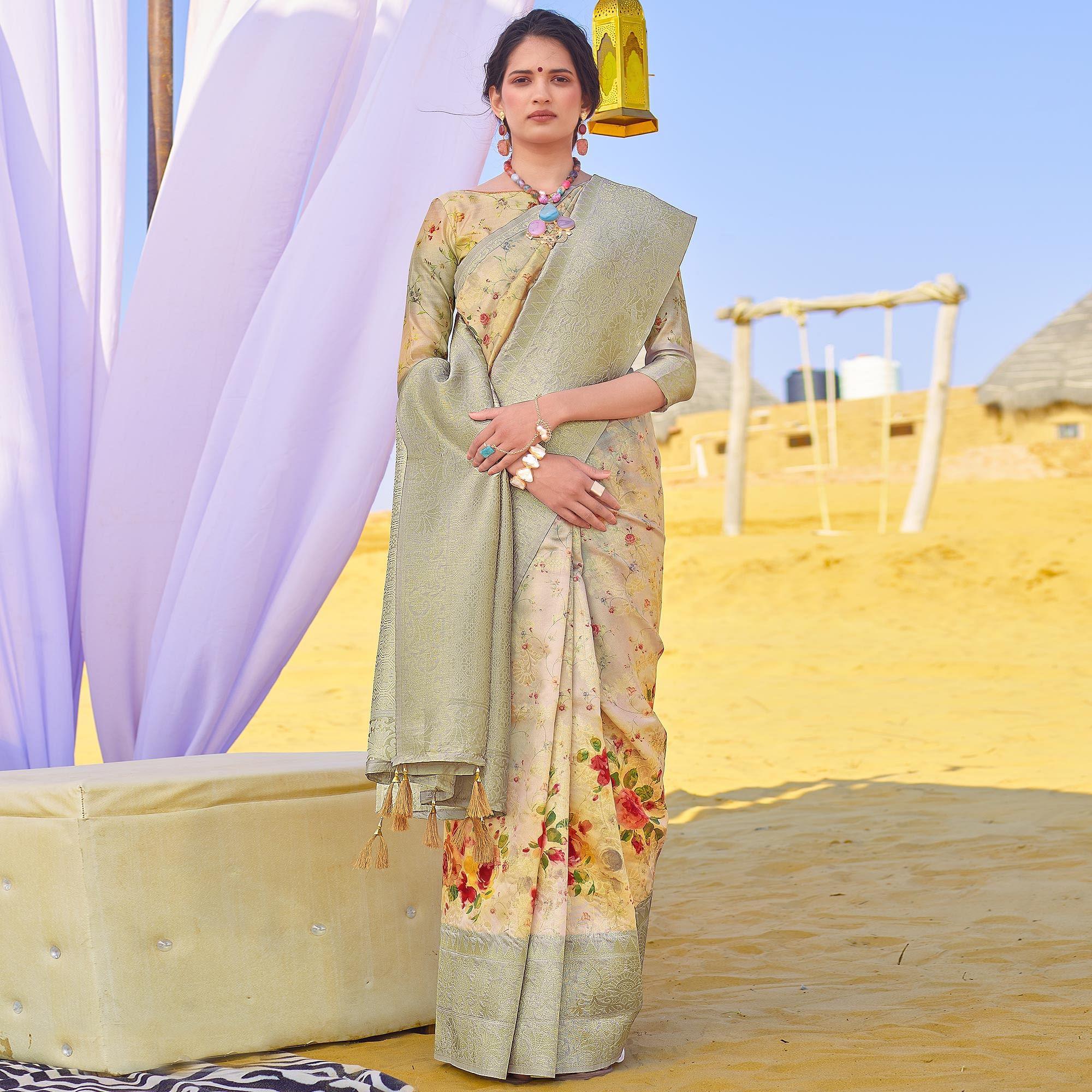 Glowing Grey Colored Festive Wear Woven Silk Saree - Peachmode