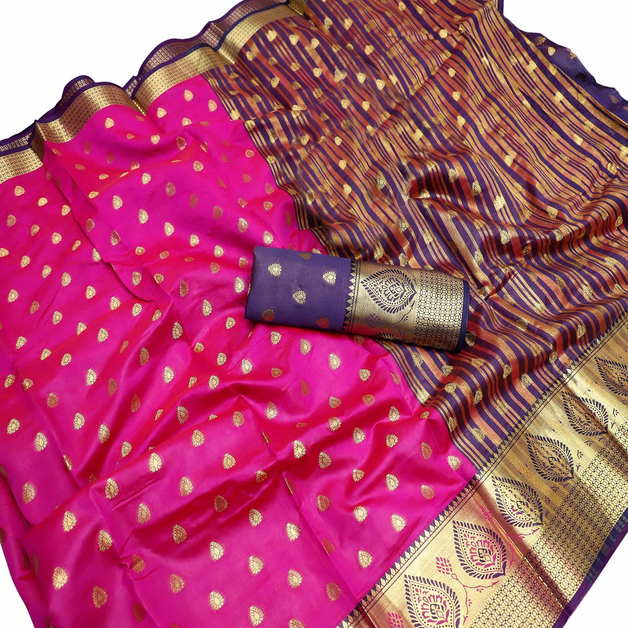 Glowing Hot Pink Colored Festive Wear Woven Litchi Kota Silk Saree - Peachmode