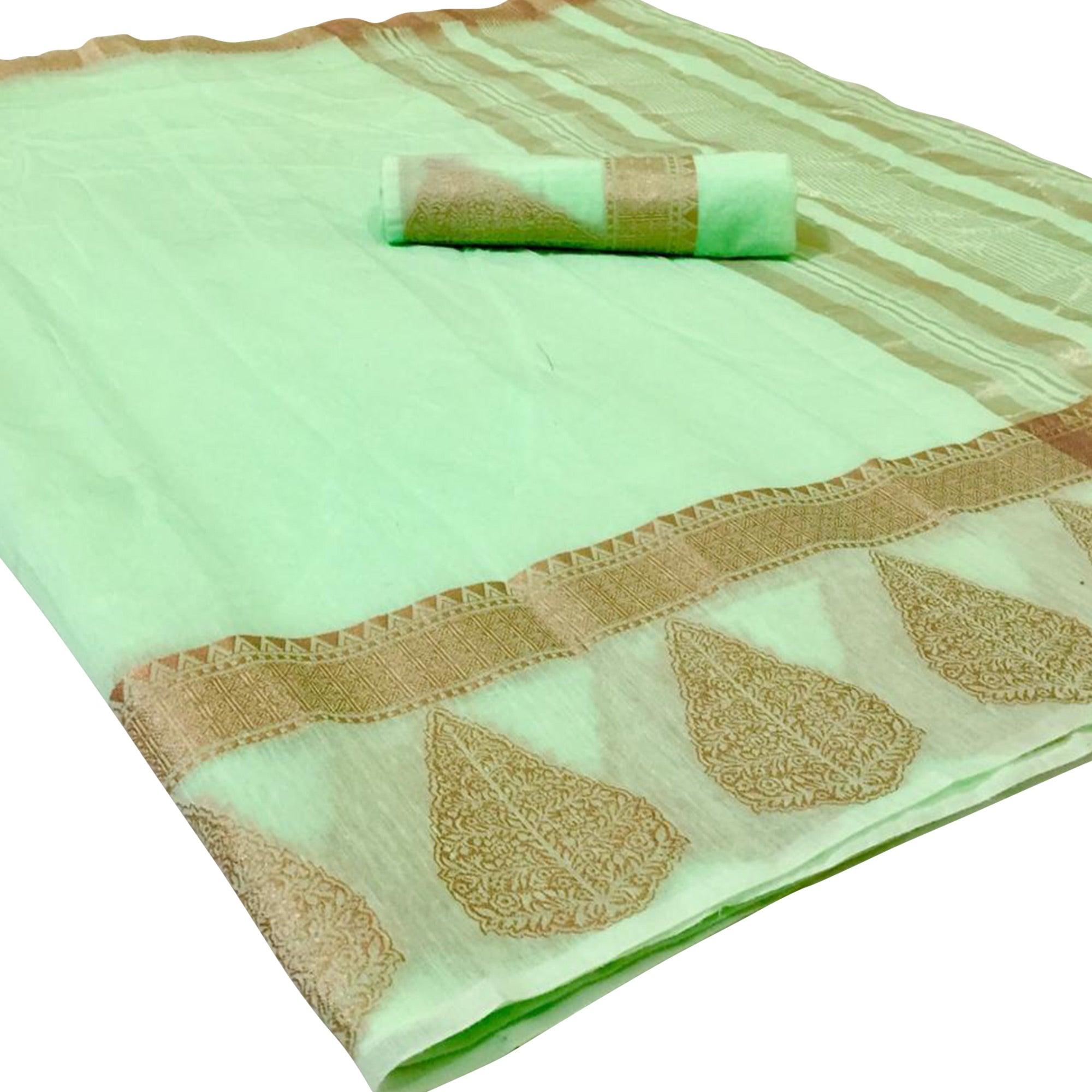 Glowing Light Green Colored Festive Wear Woven Linen Saree - Peachmode