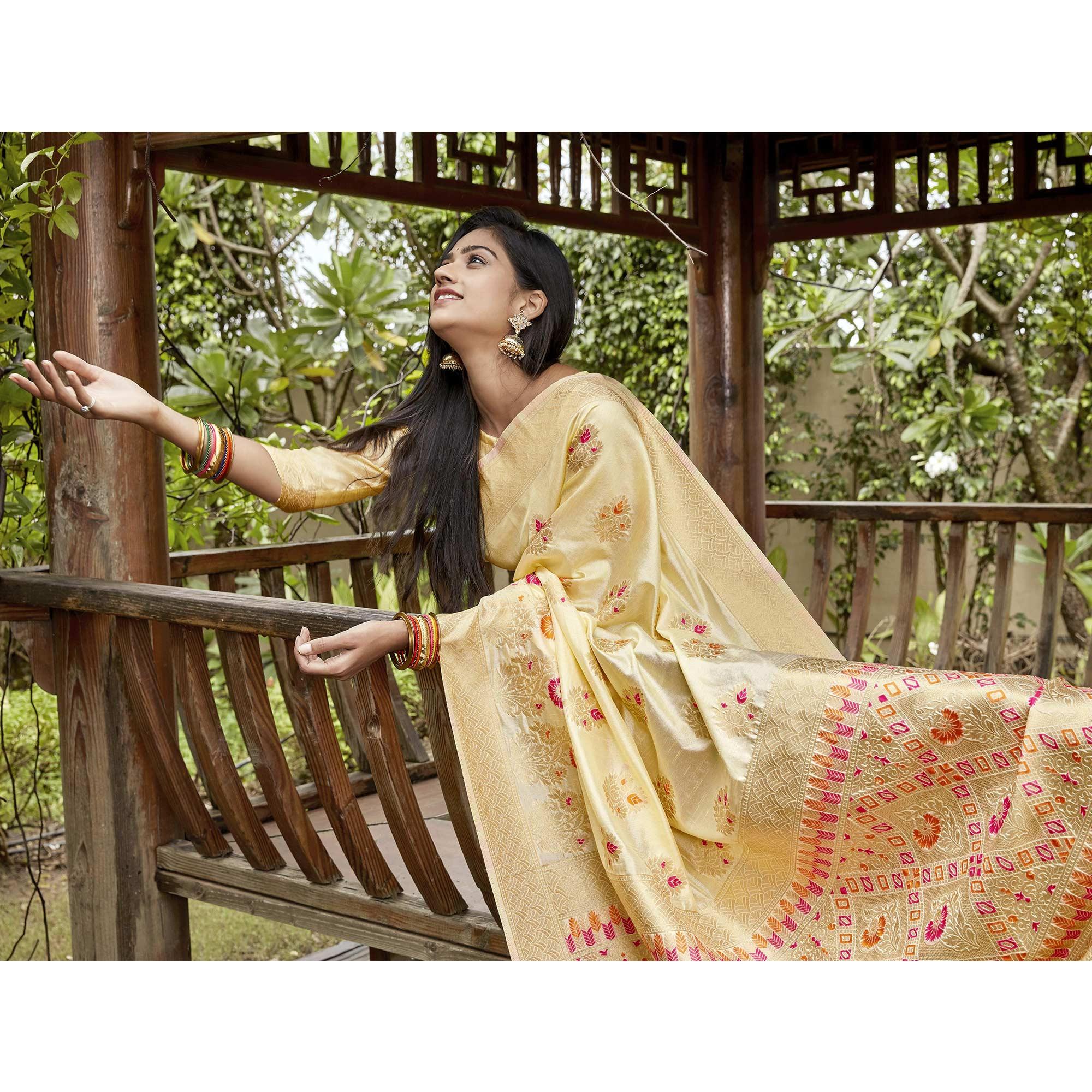 Glowing Light Yellow Colored Festive Wear Woven Silk Saree - Peachmode