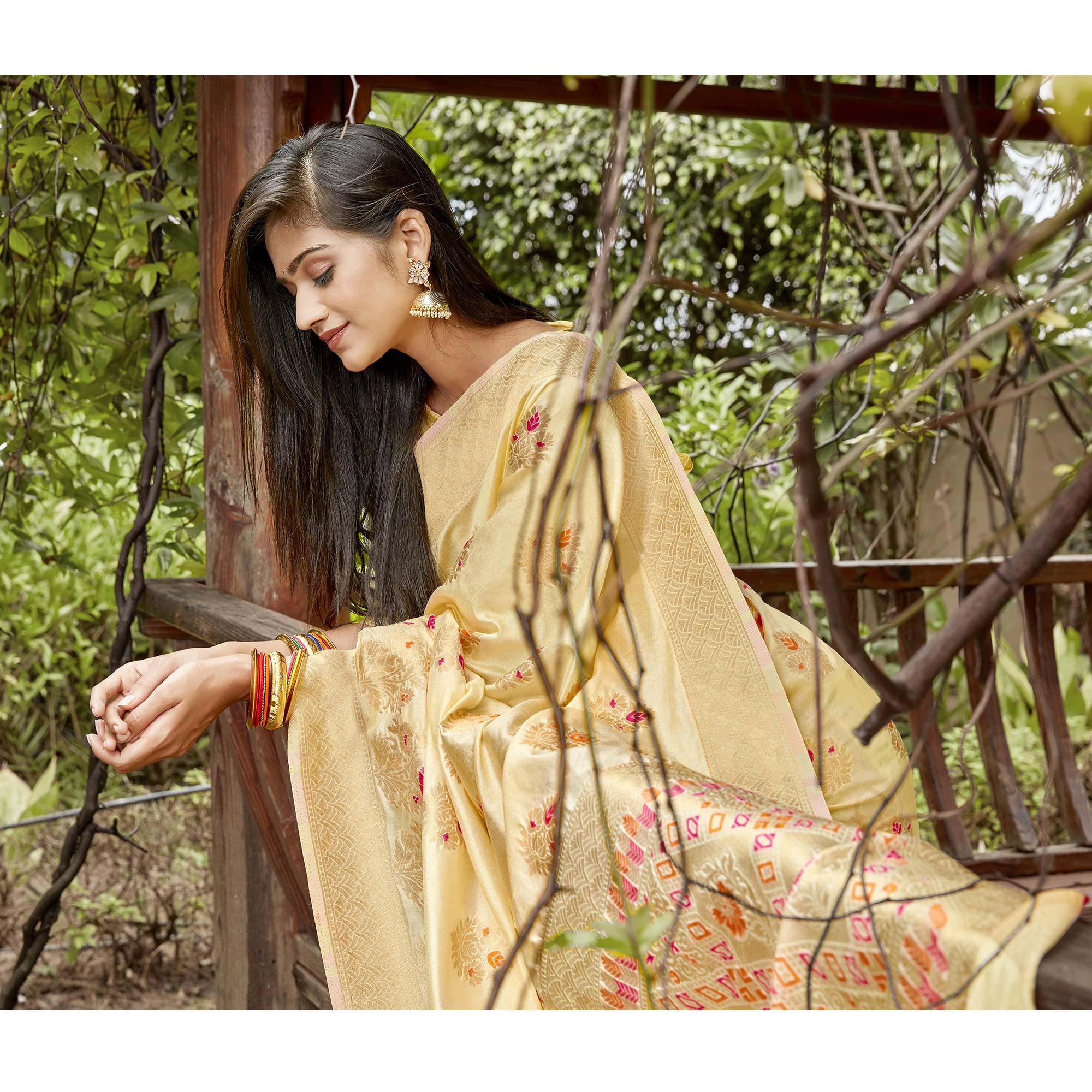 Glowing Light Yellow Colored Festive Wear Woven Silk Saree - Peachmode