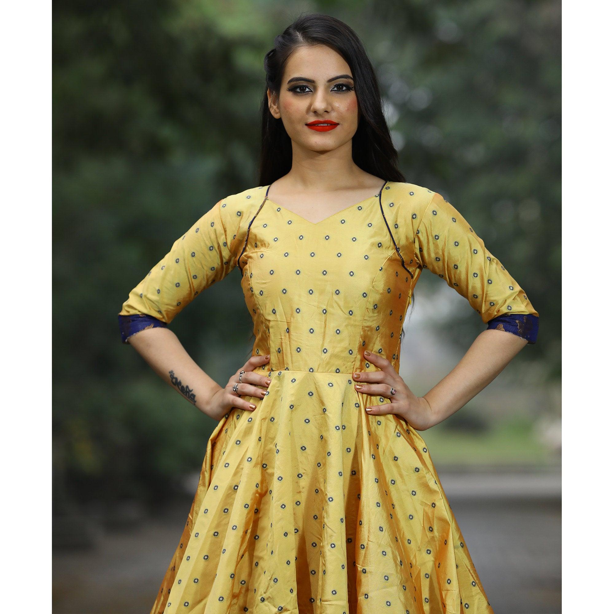 Glowing Light Yellow Colored Partywear Tapetta Gown - Peachmode