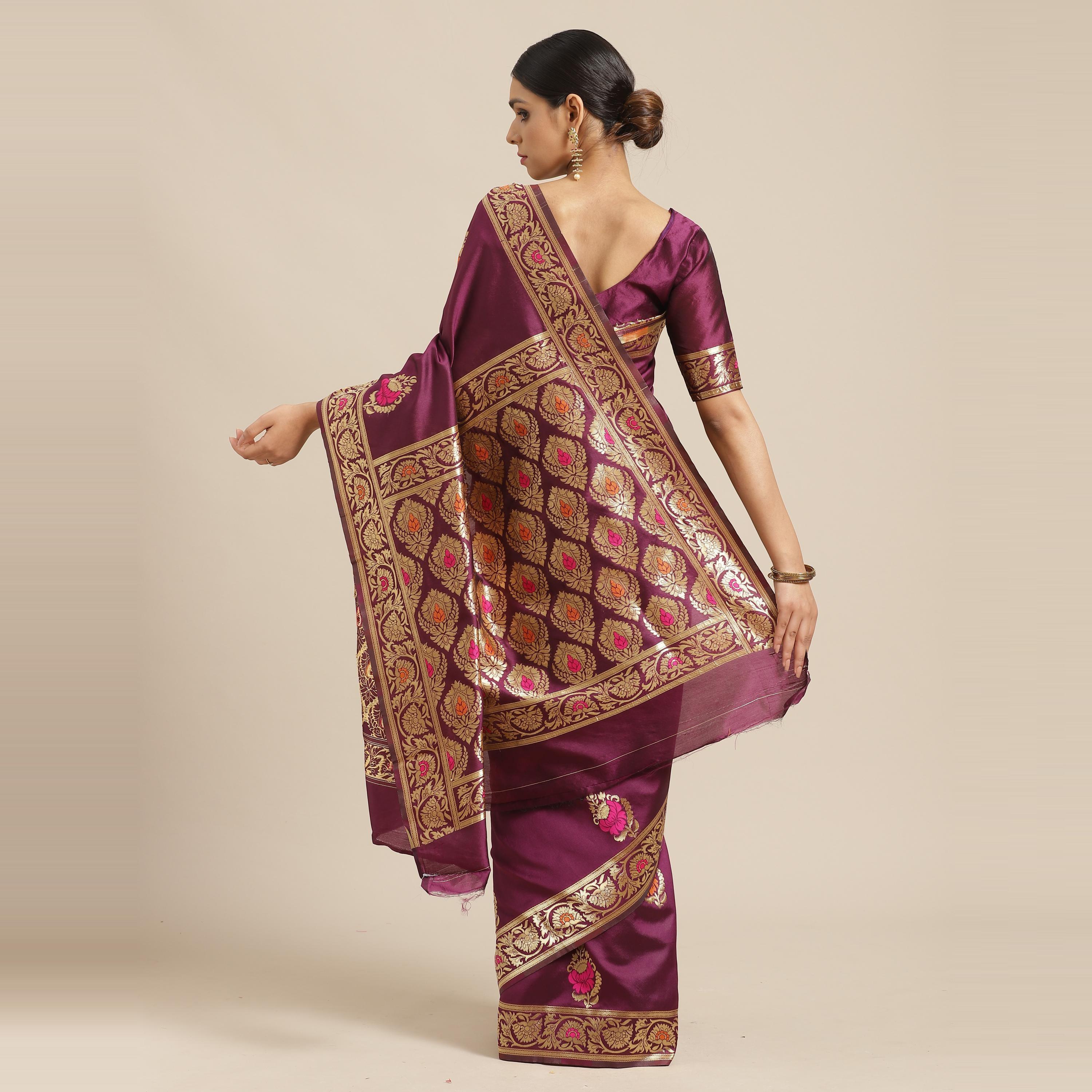 Glowing Magenta Colored Festive Wear Woven Silk Blend Saree - Peachmode