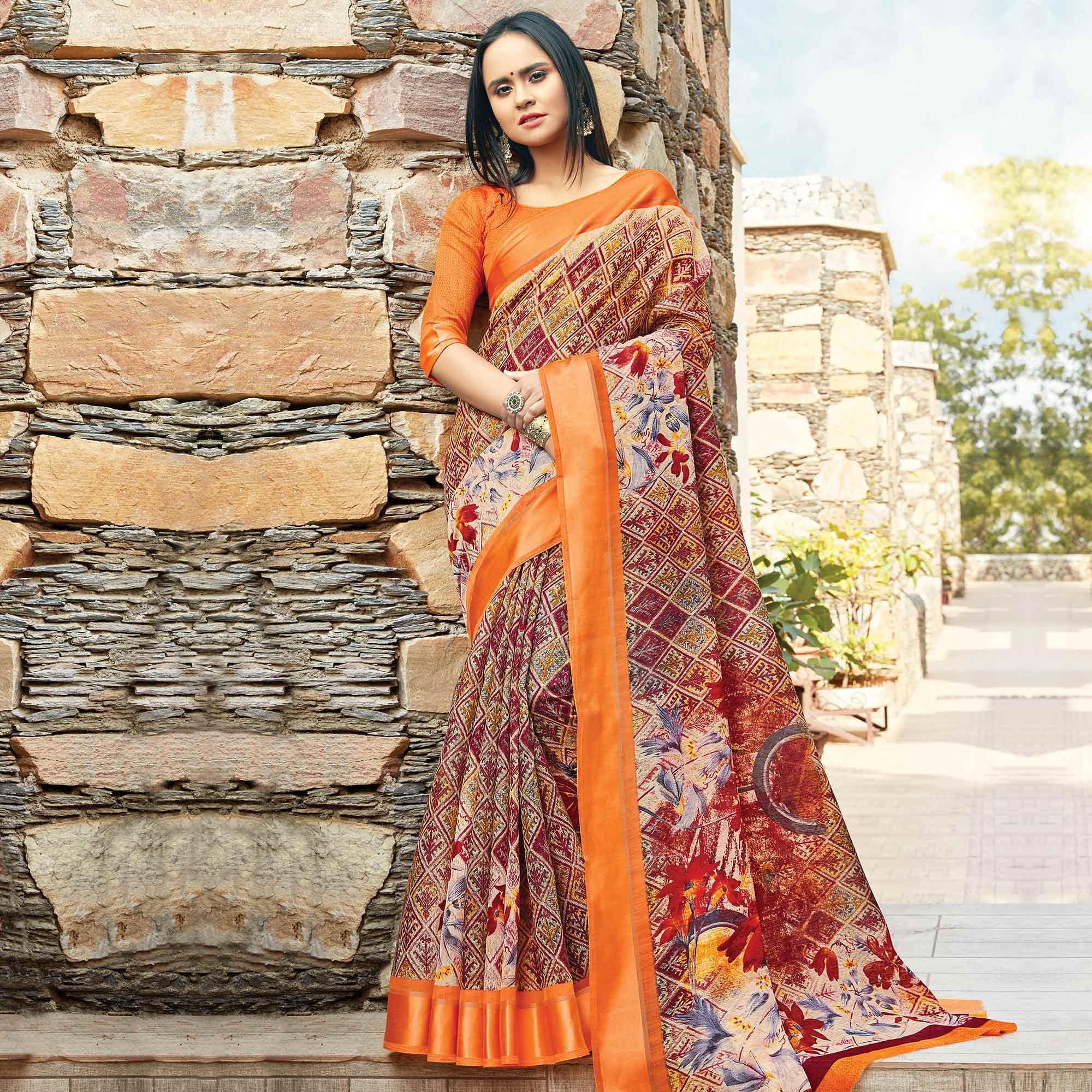 Glowing Maroon Colored Casual Wear Printed Cotton Saree - Peachmode