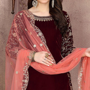 Glowing Maroon Colored Partywear Embroidered Velvet Patiala Suit - Peachmode