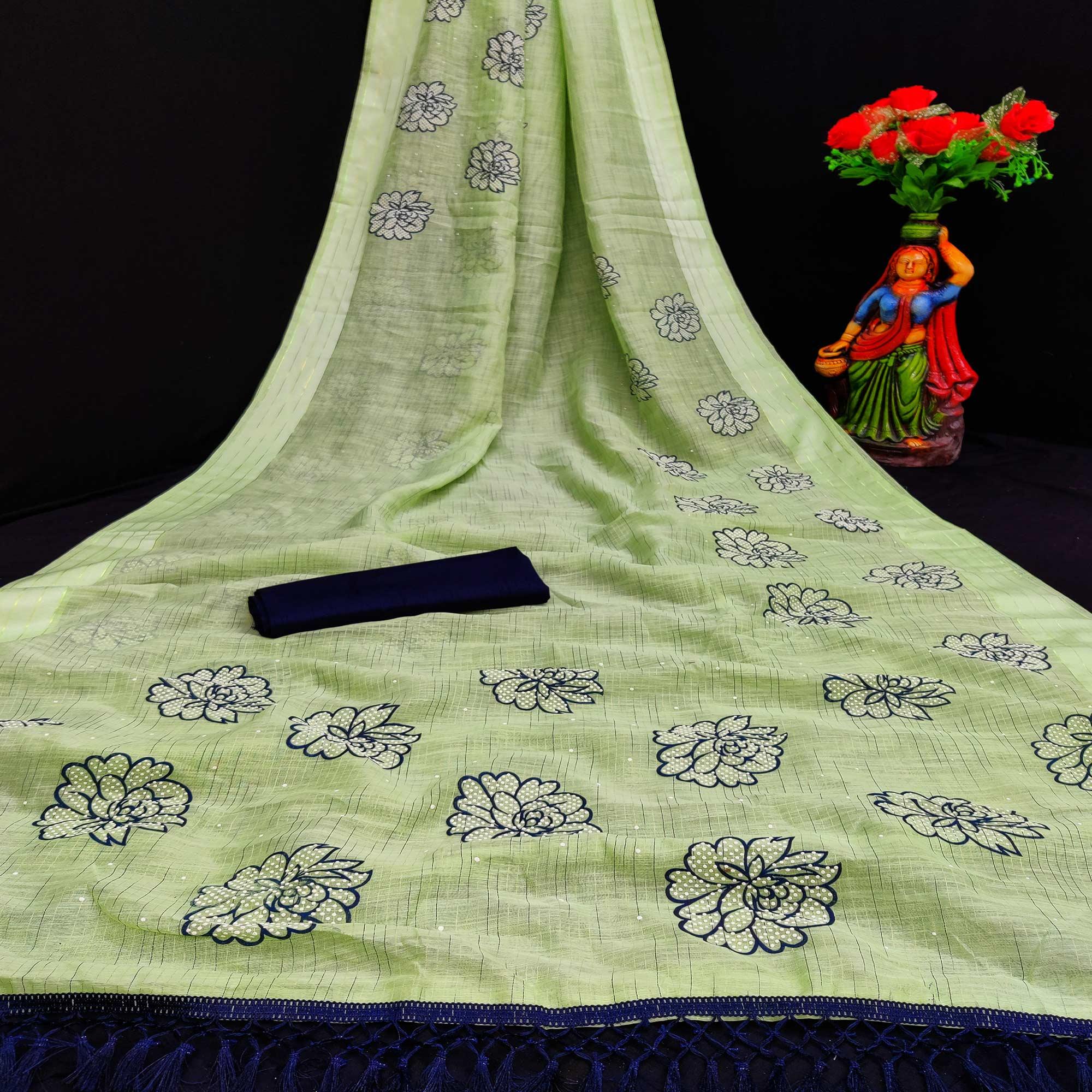 Glowing Mehendi Coloured Striped Pattern Printed Casual Wear Cotton Saree - Peachmode