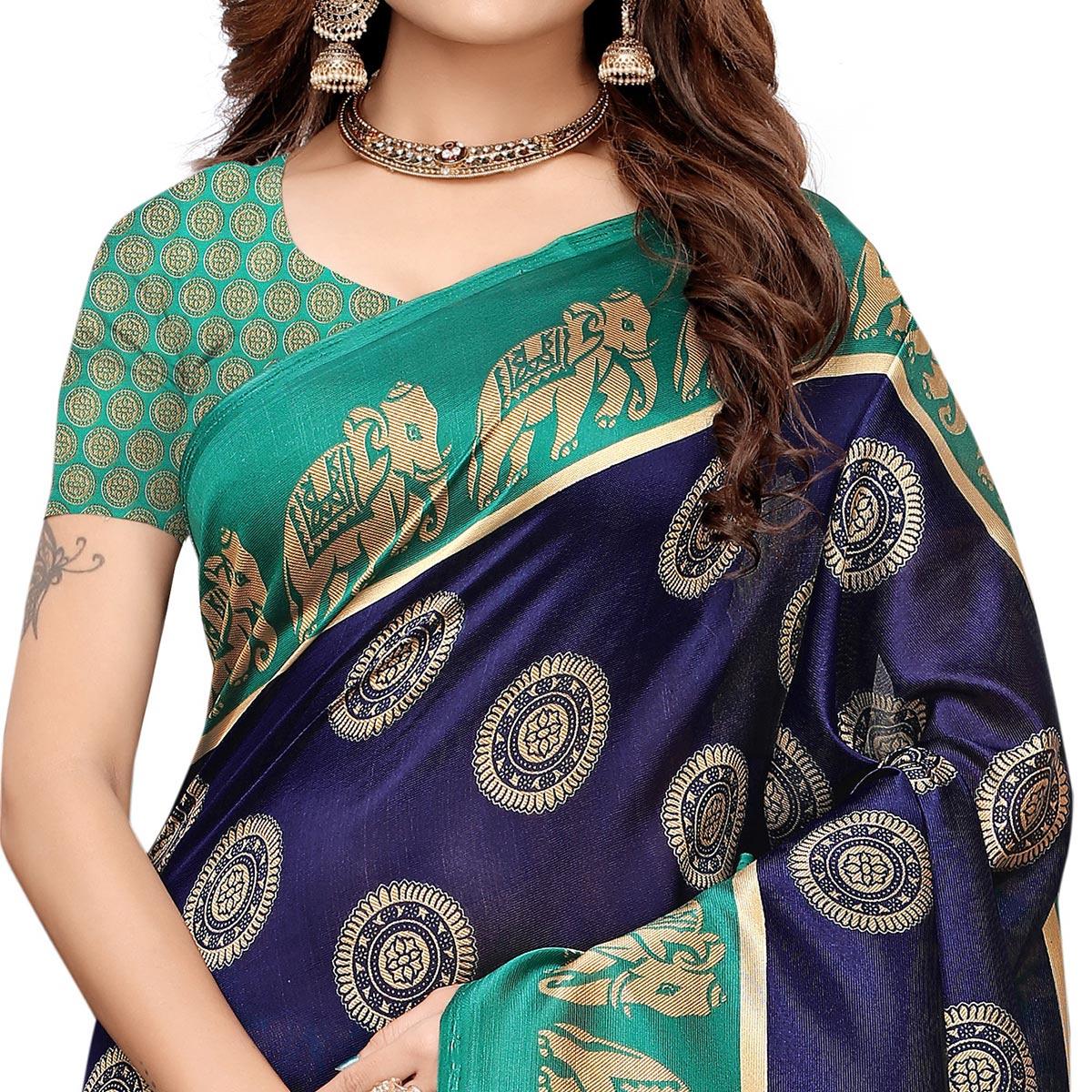 Glowing Navy Blue Colored Casual Printed Art Silk Saree - Peachmode