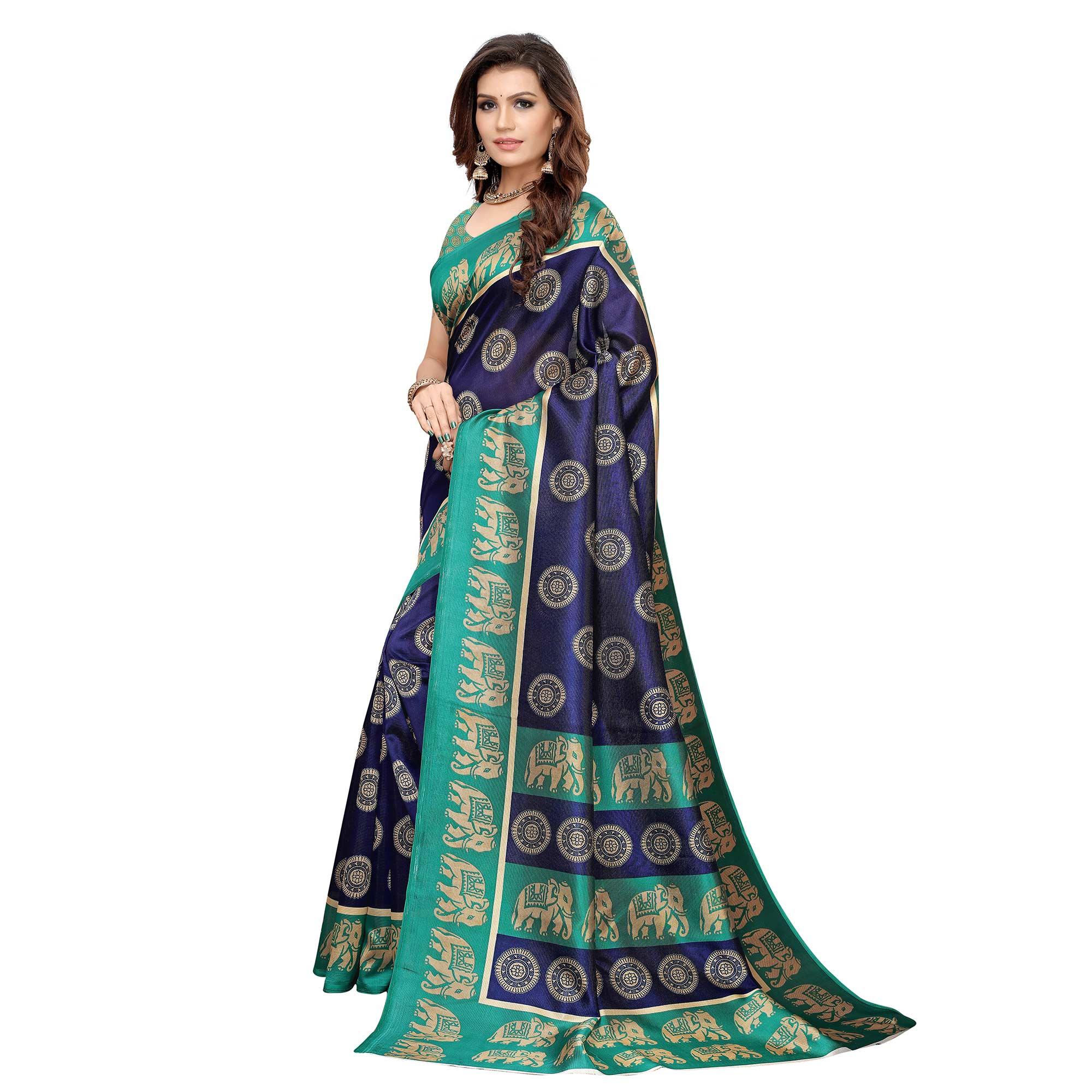 Glowing Navy Blue Colored Casual Printed Art Silk Saree - Peachmode
