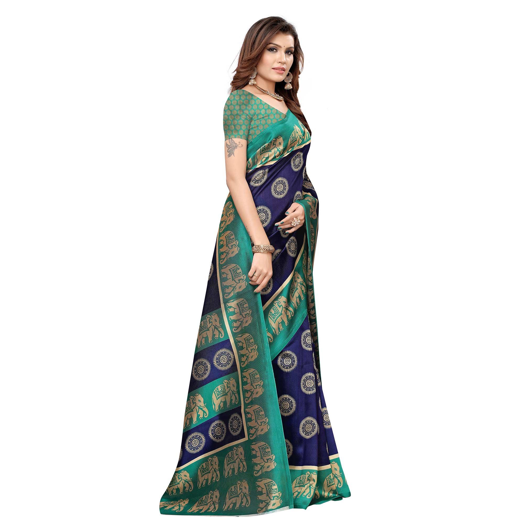 Glowing Navy Blue Colored Casual Printed Art Silk Saree - Peachmode