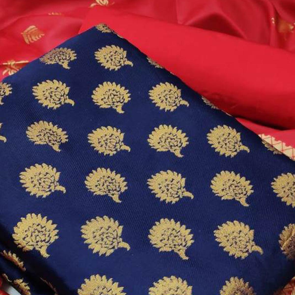 Glowing Navy Blue Colored Casual Wear Banarasi Silk Dress Material - Peachmode