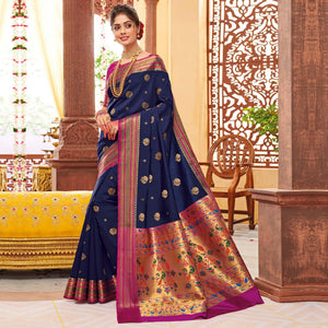 Glowing Navy Blue Colored Festive Wear Woven Silk Saree - Peachmode