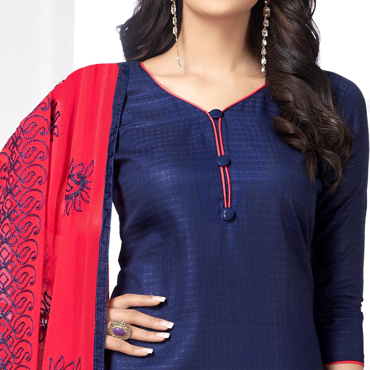 Glowing Navy Blue Colored Partywear Embroidered Cotton Suit - Peachmode