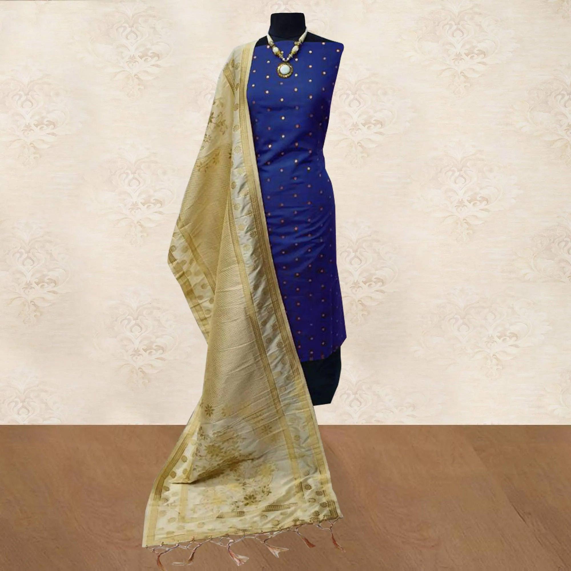 Glowing Navy Blue Woven Satin Dress Material With Banarasi Silk Dupatta - Peachmode