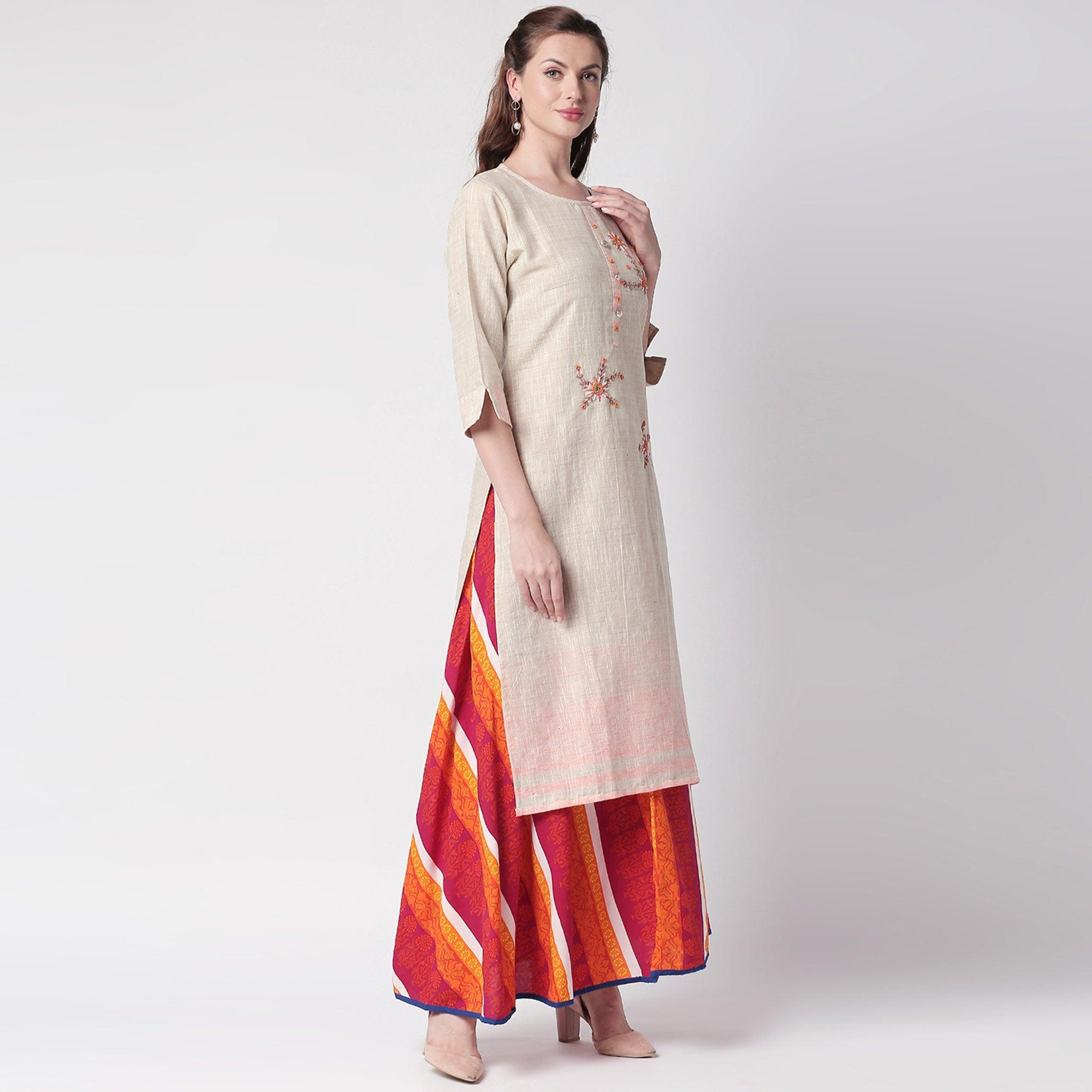 Glowing Off White Colored Partywear Embroidered Cotton Kurti-Skirt Set - Peachmode