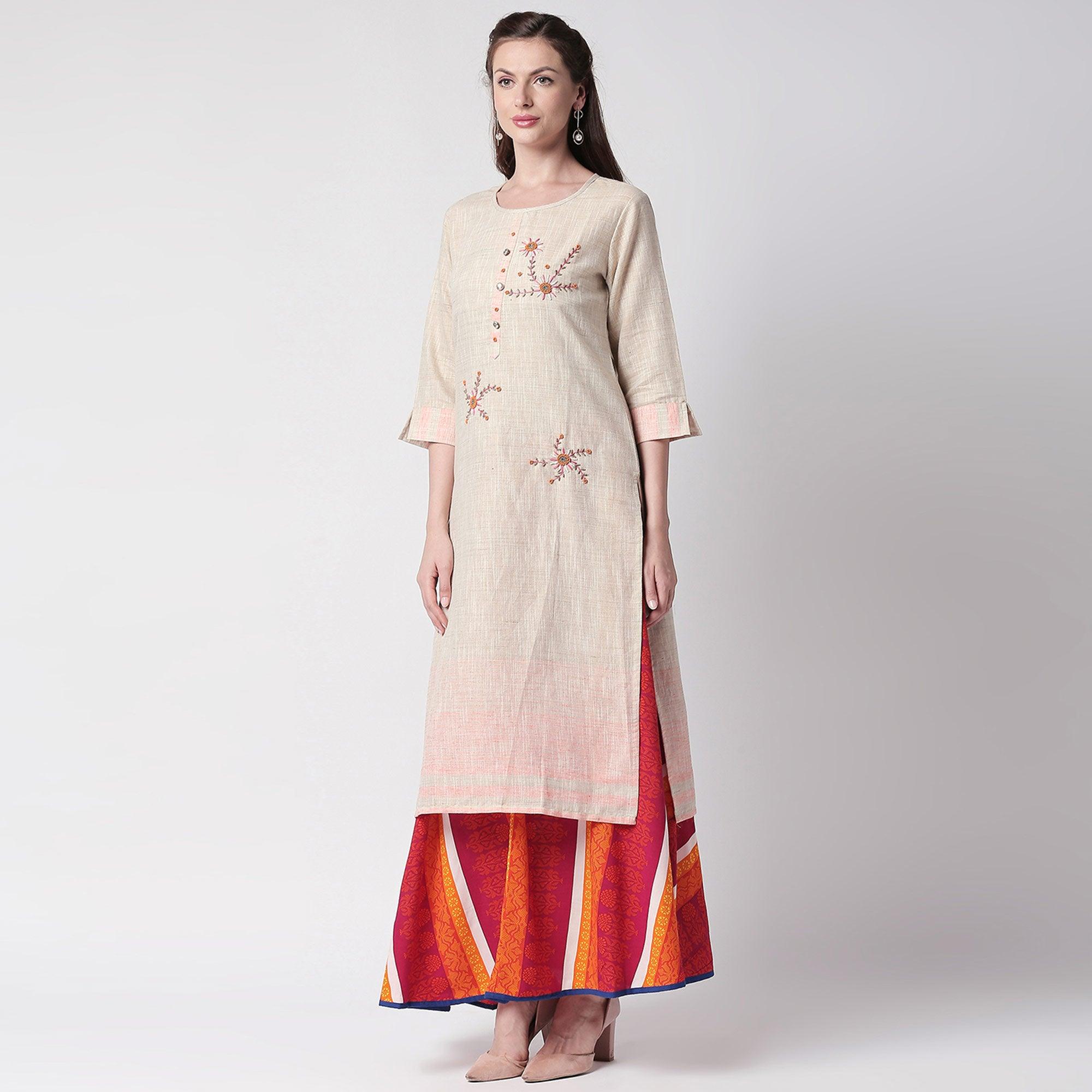 Glowing Off White Colored Partywear Embroidered Cotton Kurti-Skirt Set - Peachmode