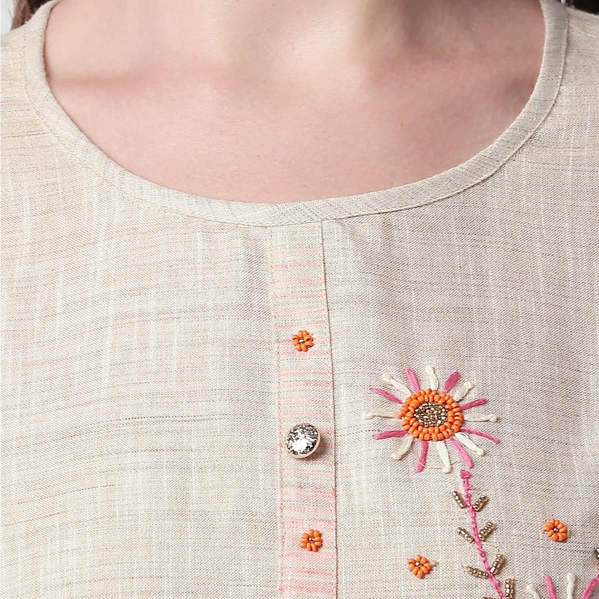 Glowing Off White Colored Partywear Embroidered Cotton Kurti-Skirt Set - Peachmode