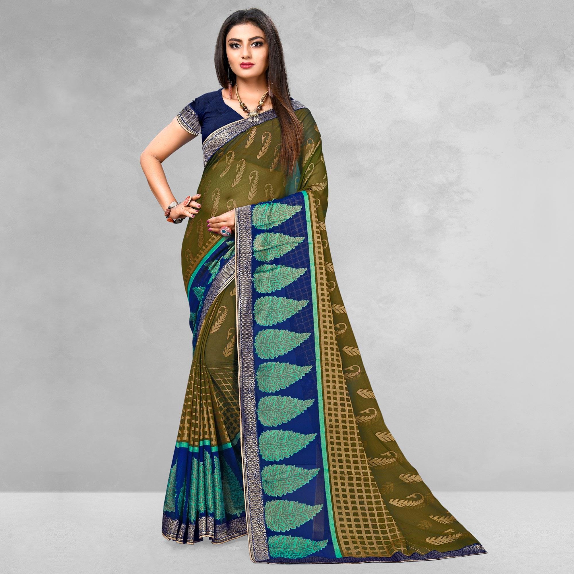 Glowing Olive Green Colored Casual Wear Printed Brasso Saree - Peachmode