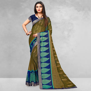Glowing Olive Green Colored Casual Wear Printed Brasso Saree - Peachmode