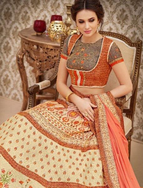 Glowing Orange-Beige Colored Designer Partywear Digital Printed Woven Banarasi Silk Lehenga Choli - Peachmode