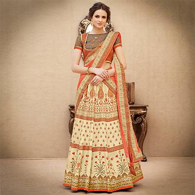 Glowing Orange-Beige Colored Designer Partywear Digital Printed Woven Banarasi Silk Lehenga Choli - Peachmode