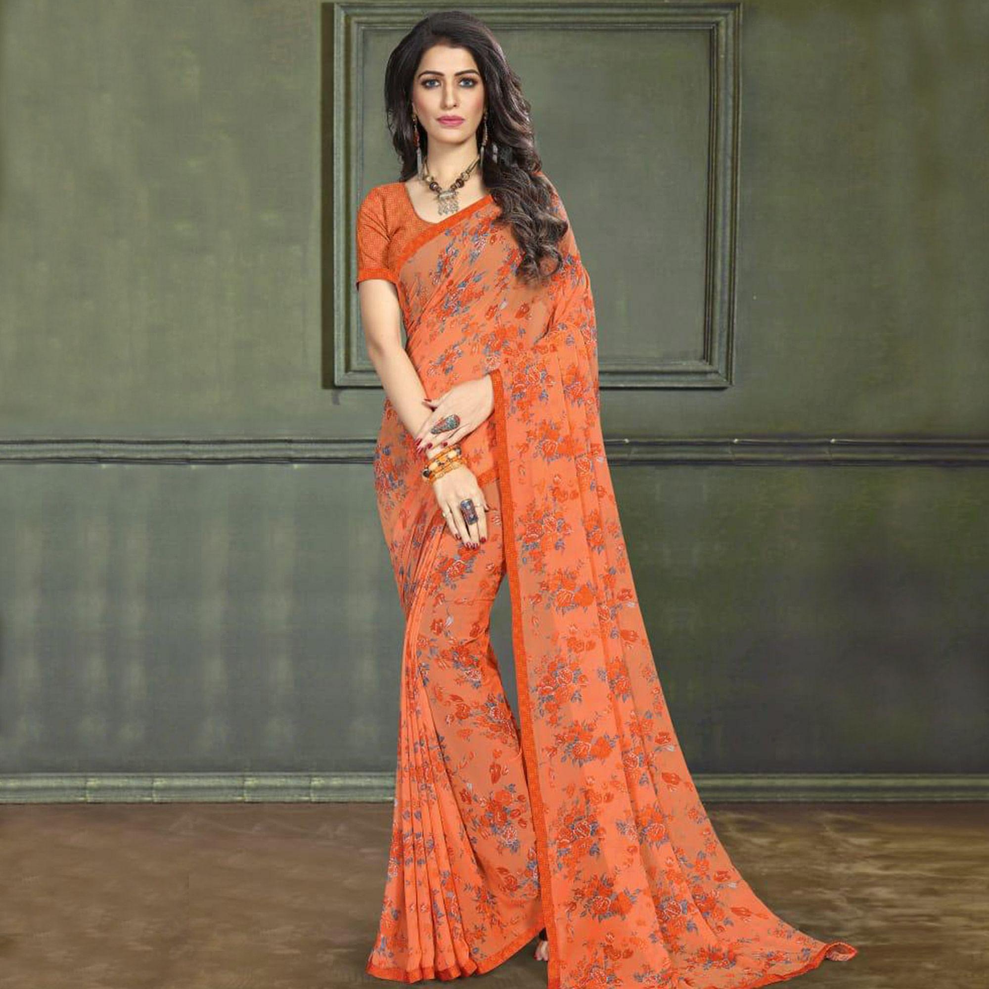 Glowing Orange Colored Casual Wear Printed Georgette Saree - Peachmode
