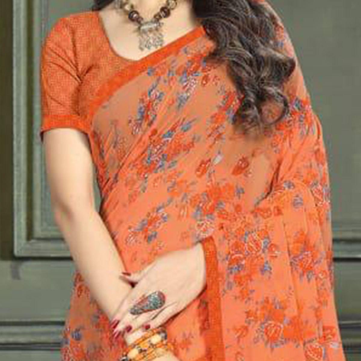 Glowing Orange Colored Casual Wear Printed Georgette Saree - Peachmode