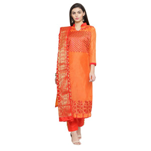 Glowing Orange Colored Embroidered Chanderi Dress Material With Banarasi Silk Dupatta - Peachmode