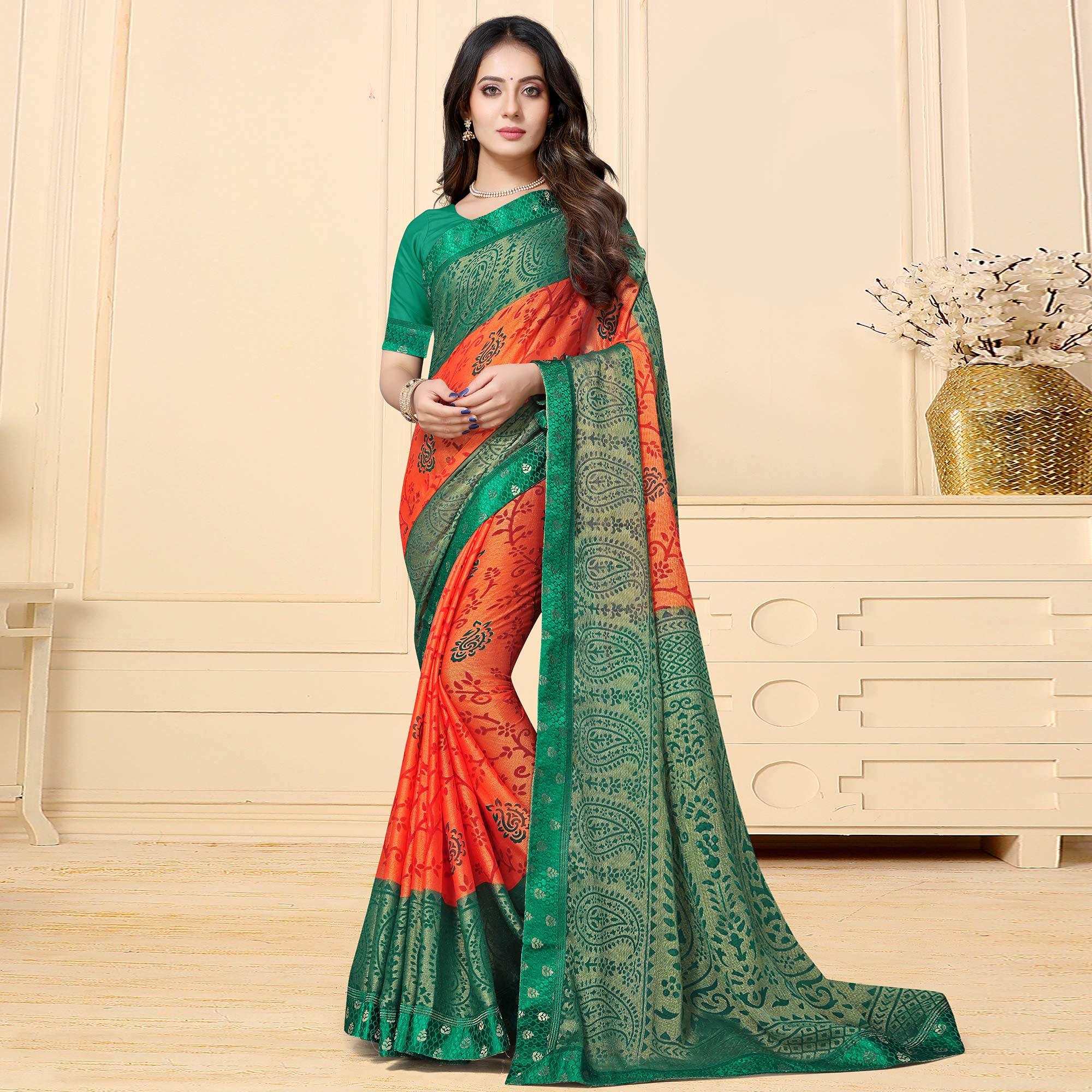Glowing Orange Colored Festive Wear Printed Chiffon Brasso Saree - Peachmode