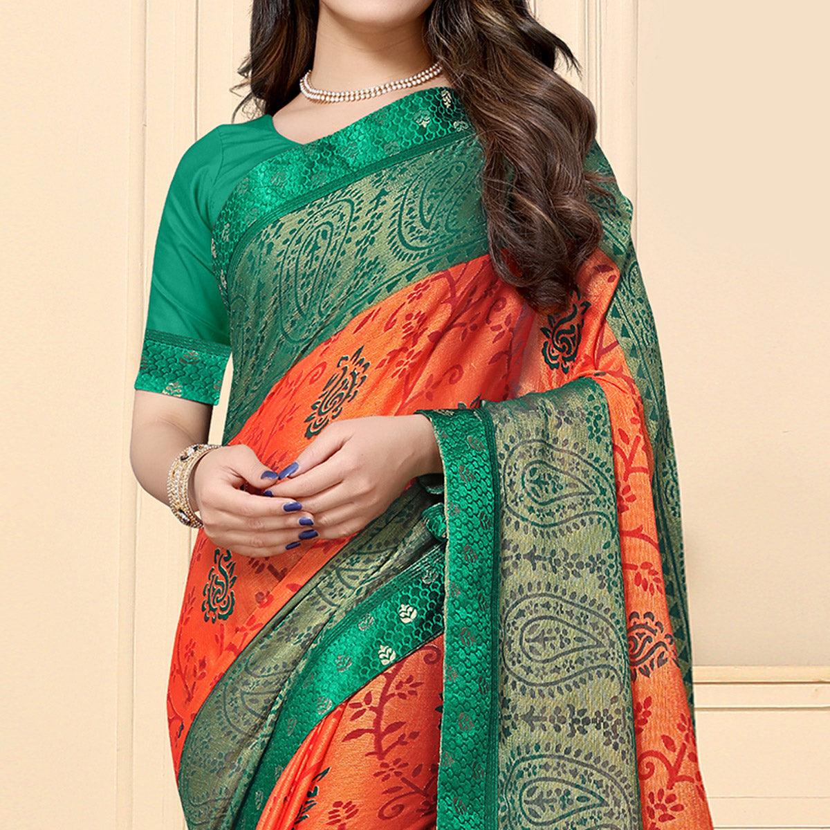 Glowing Orange Colored Festive Wear Printed Chiffon Brasso Saree - Peachmode