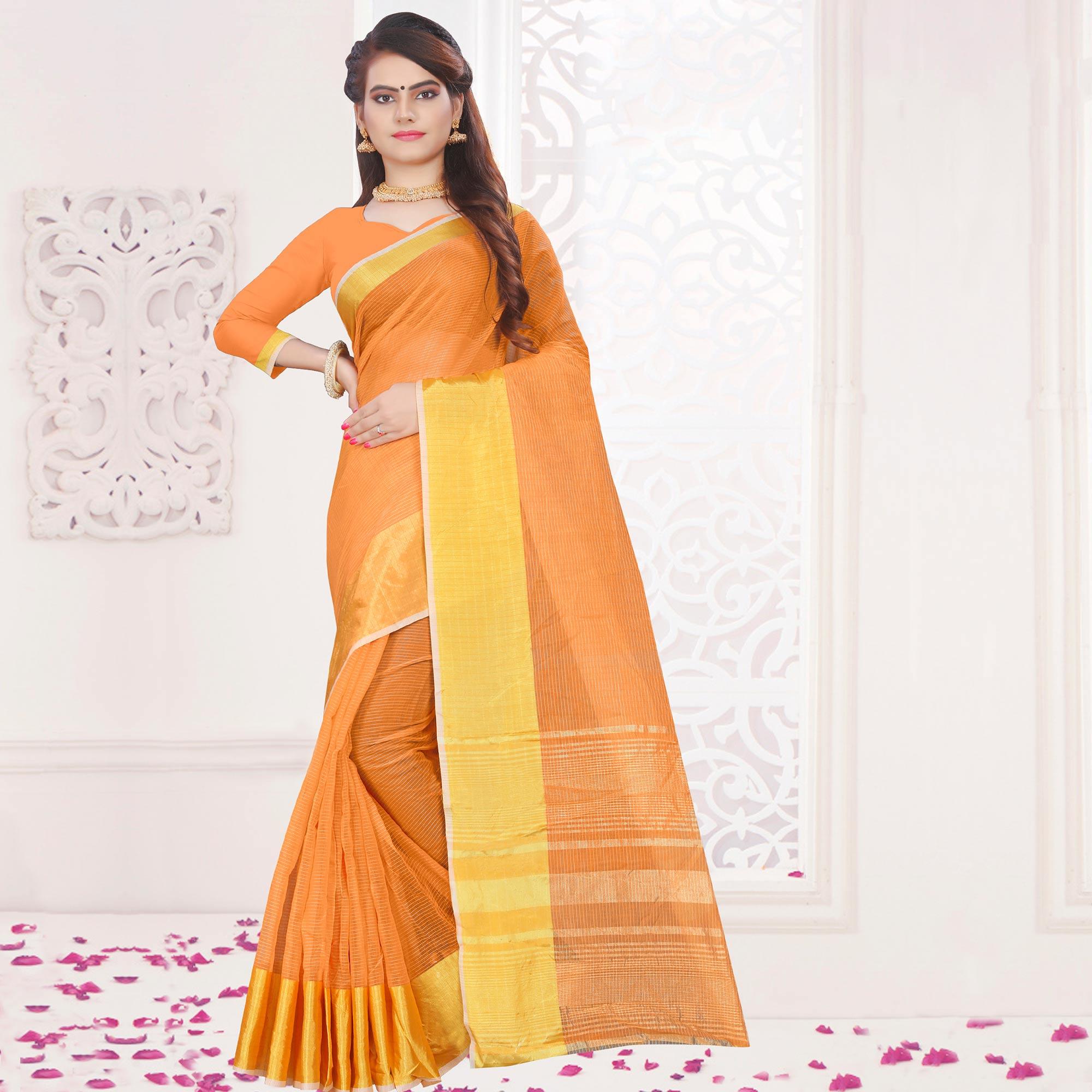Glowing Orange Colored Festive Wear Woven Cotton Saree - Peachmode