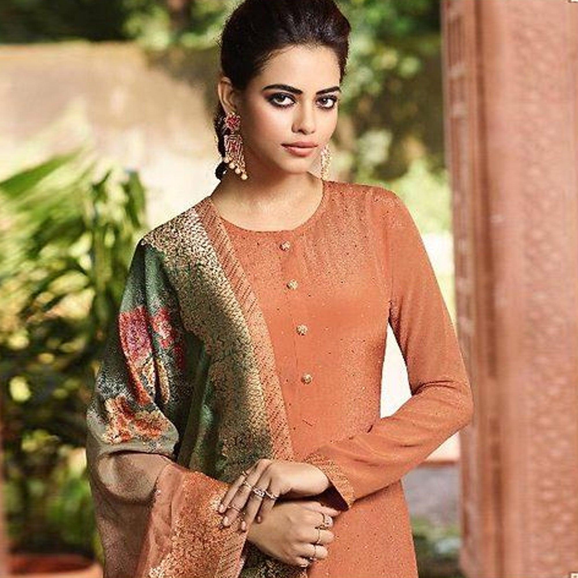 Glowing Orange Colored Partywear Floral Embroidered Satin Crepe Gharara Style Suit - Peachmode