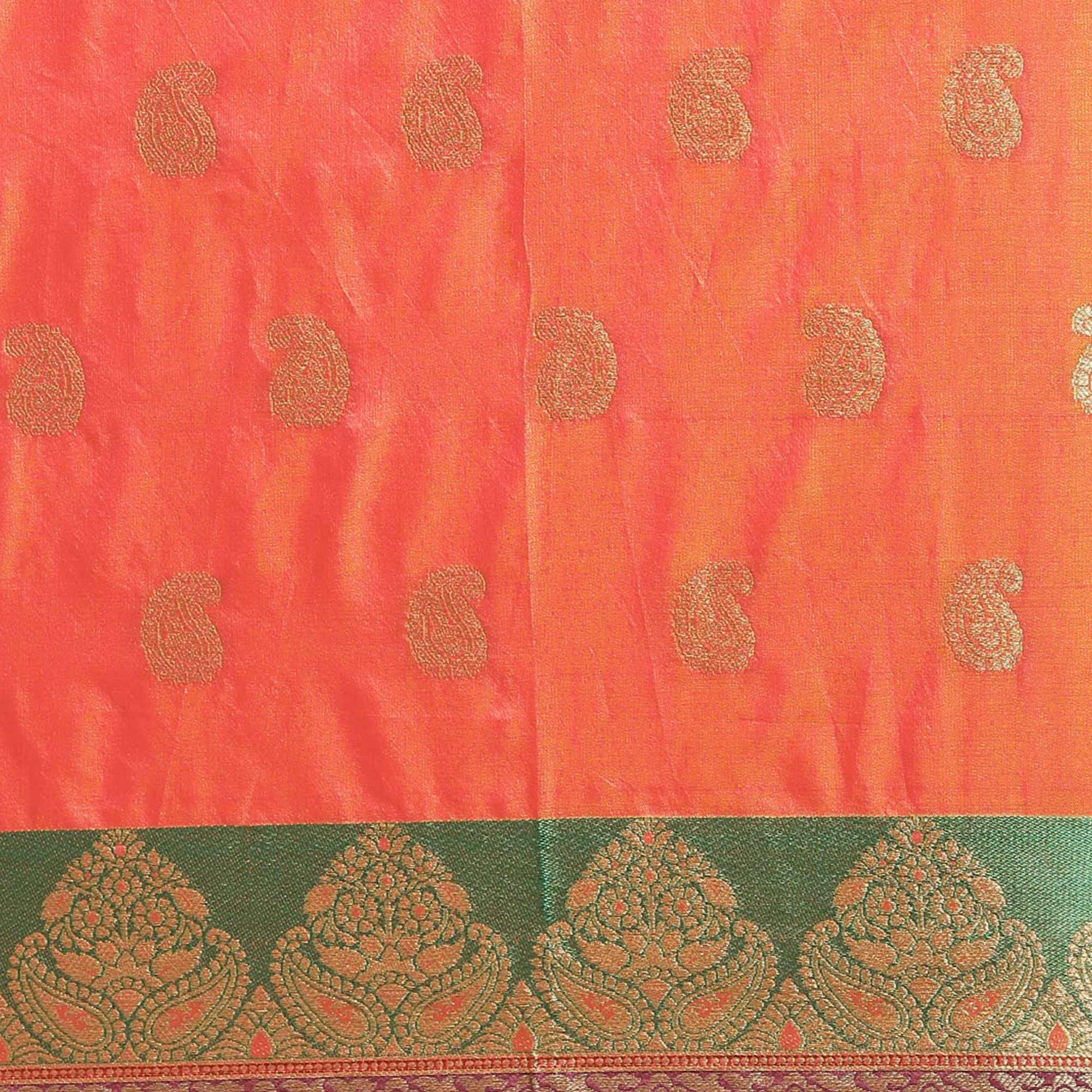 Glowing Orange-Pink Colored Festive Wear Woven Silk Saree - Peachmode