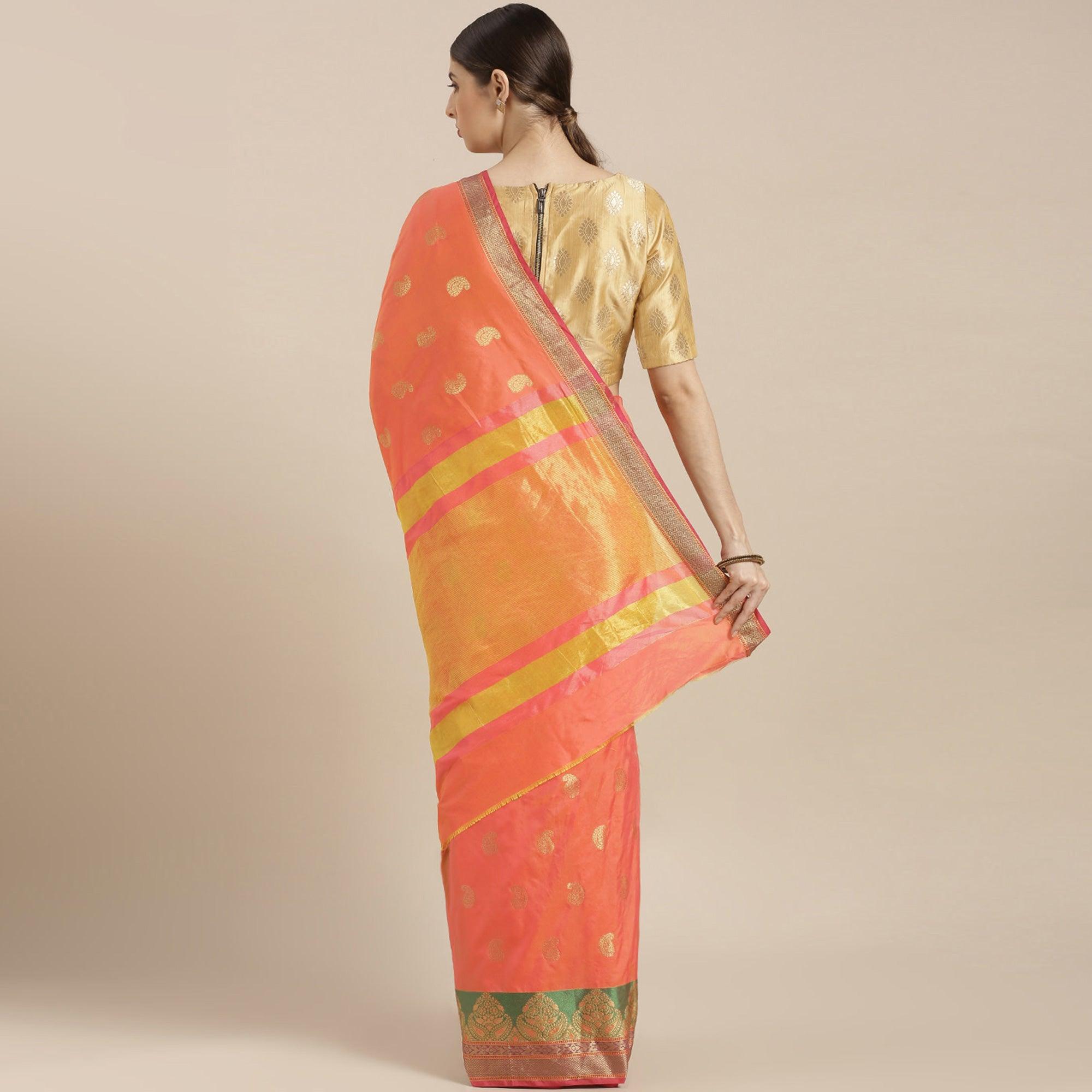 Glowing Orange-Pink Colored Festive Wear Woven Silk Saree - Peachmode