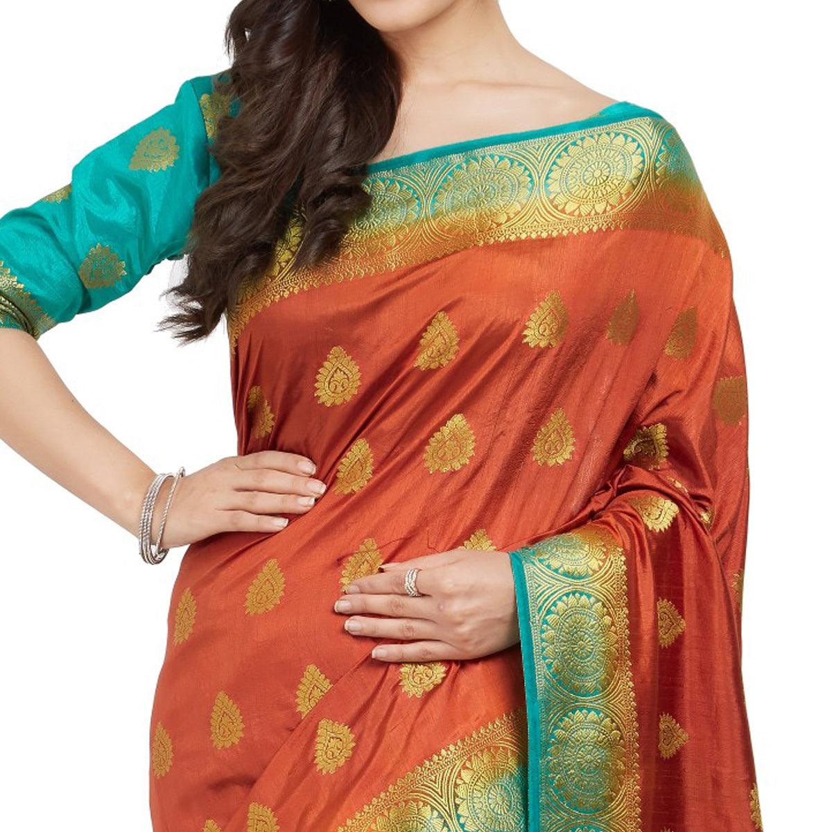 Glowing Orange-Rama Blue Colored Festive Wear Woven Cotton Silk Saree - Peachmode