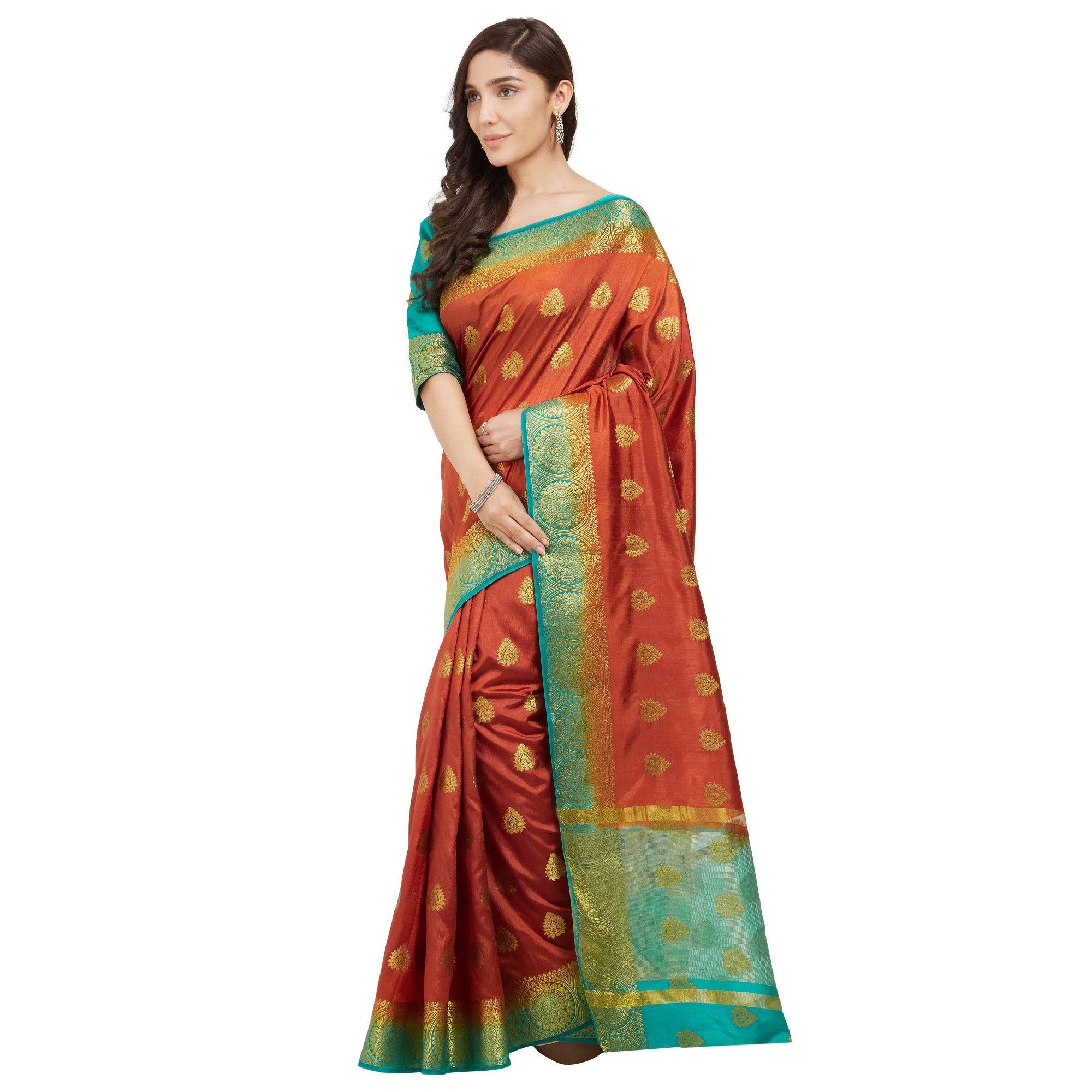 Glowing Orange-Rama Blue Colored Festive Wear Woven Cotton Silk Saree - Peachmode
