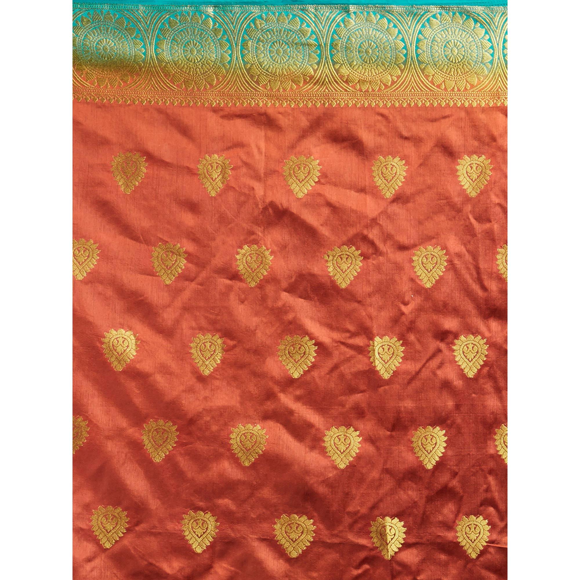 Glowing Orange-Rama Blue Colored Festive Wear Woven Cotton Silk Saree - Peachmode