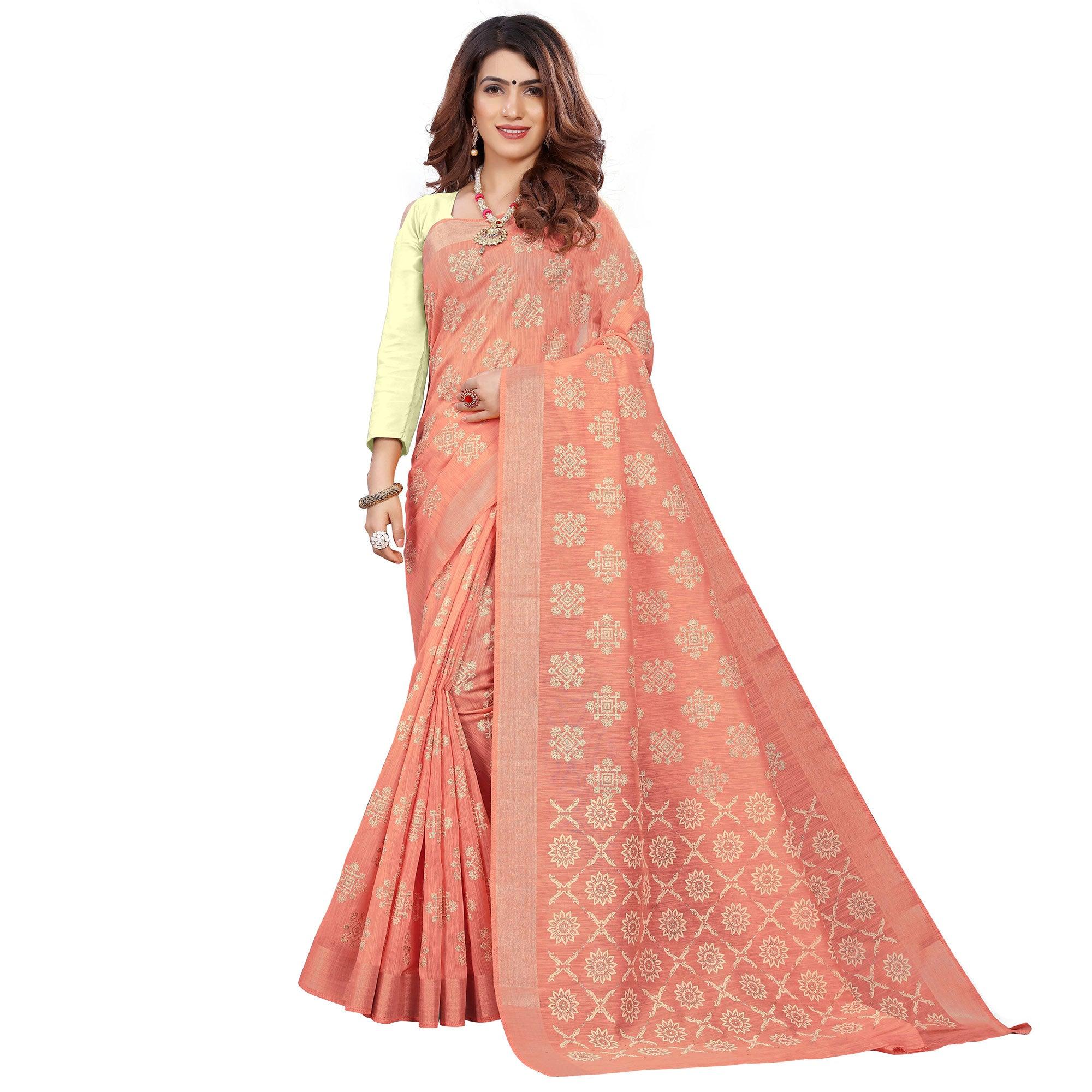 Glowing Peach Colored Casual Wear Printed Cotton Saree - Peachmode