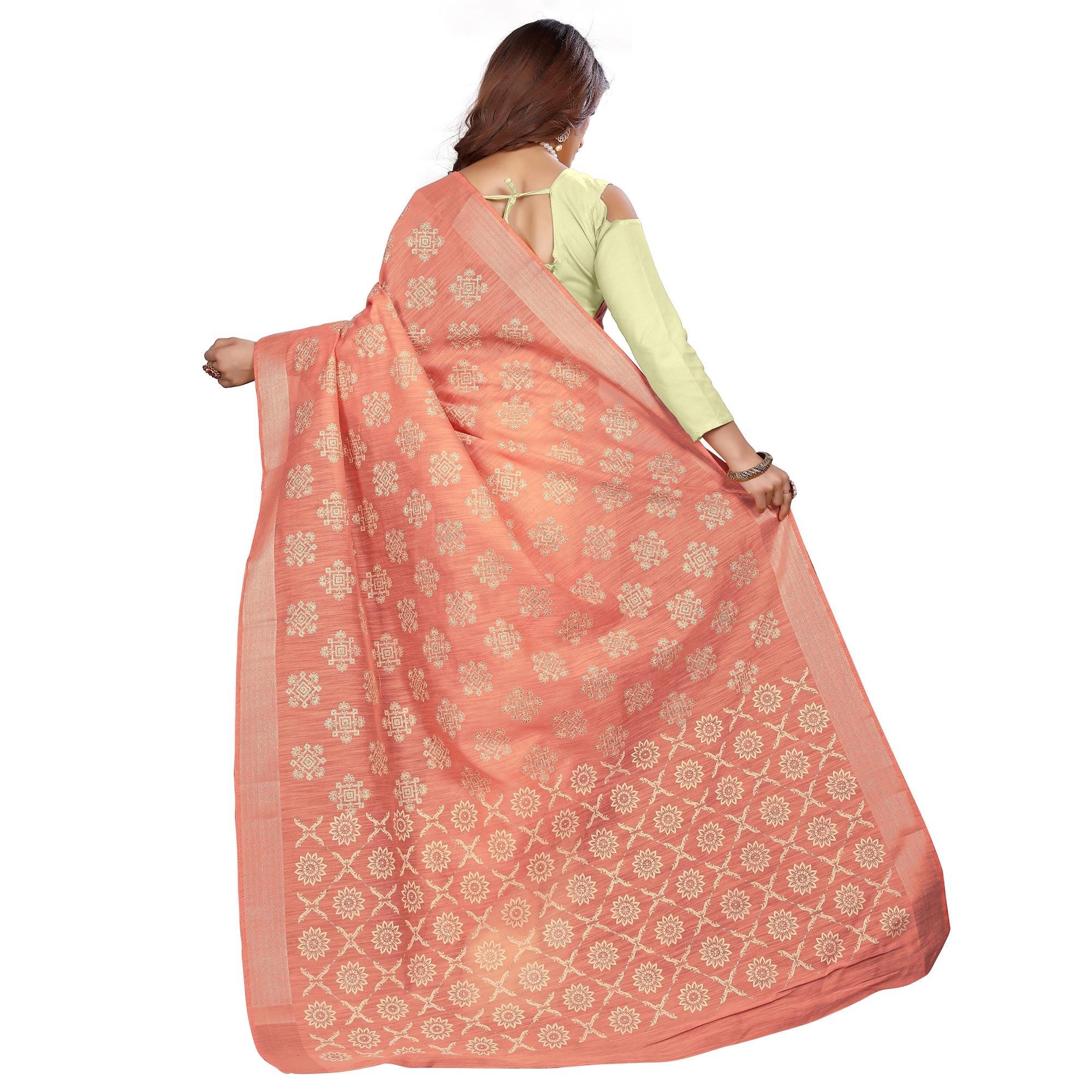 Glowing Peach Colored Casual Wear Printed Cotton Saree - Peachmode