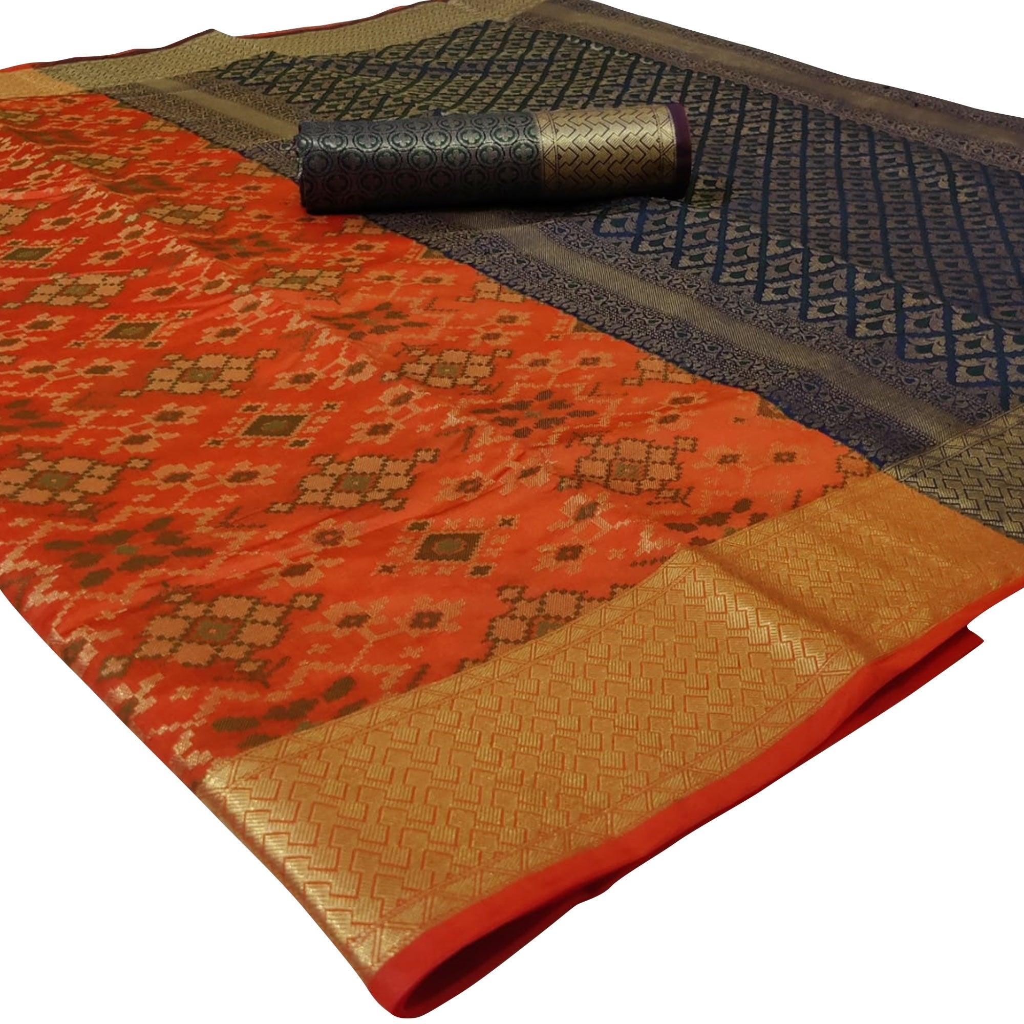 Glowing Peach Colored Festive Wear Woven Silk Saree - Peachmode